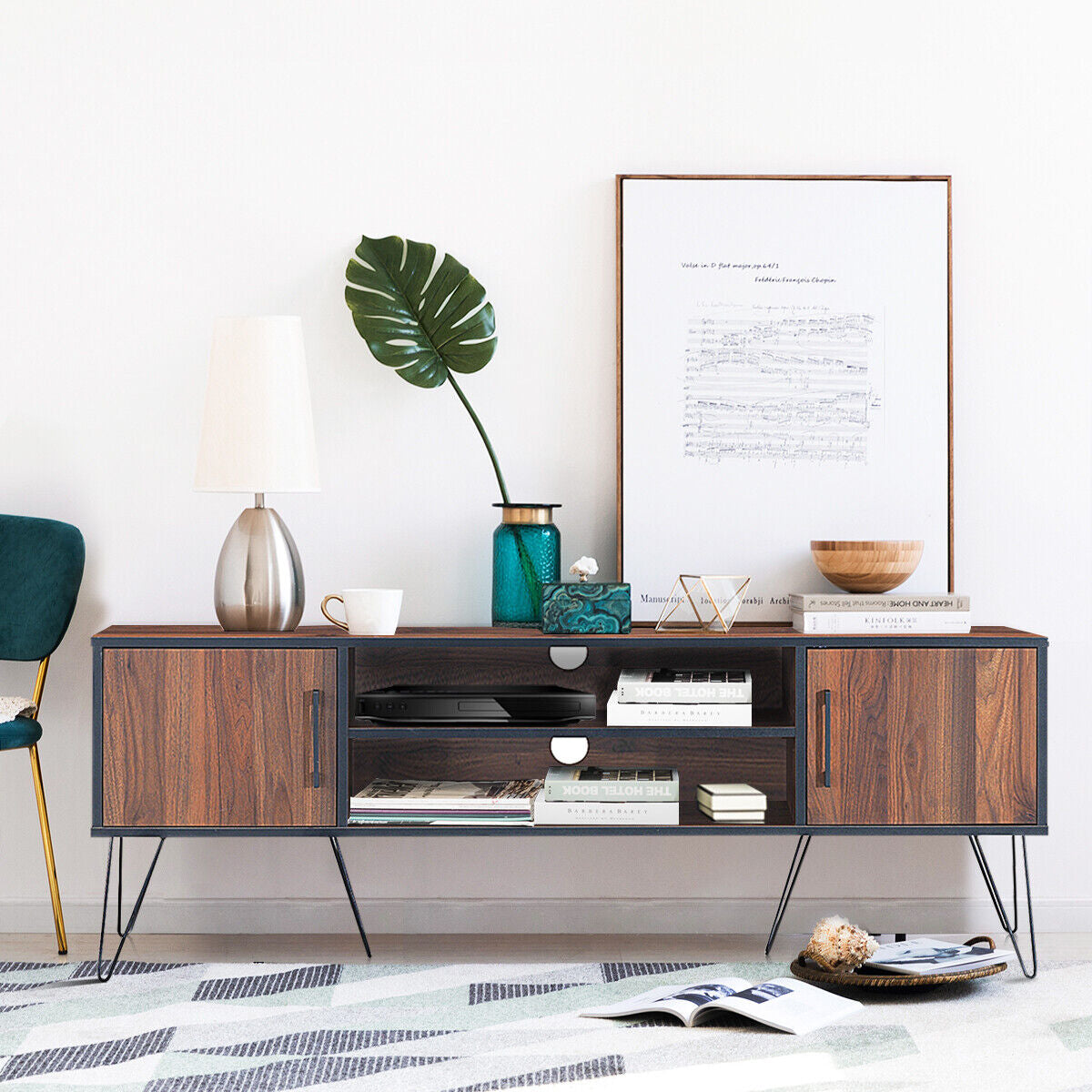 59 Inch Mid-Century TV Stand for TVs up to 65 Inch with Storage and Metal Legs - Walnut