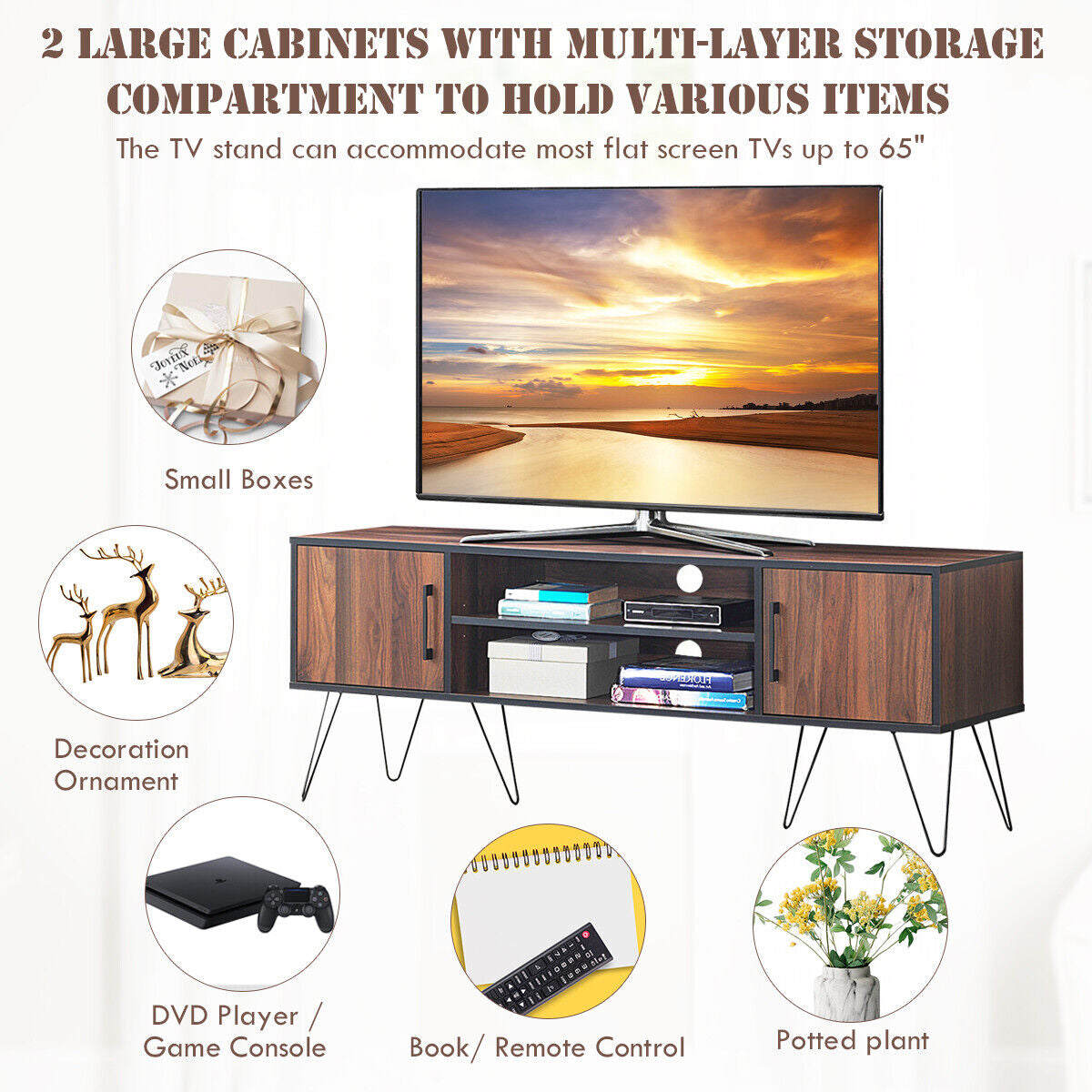 59 Inch Mid-Century TV Stand for TVs up to 65 Inch with Storage and Metal Legs - Walnut