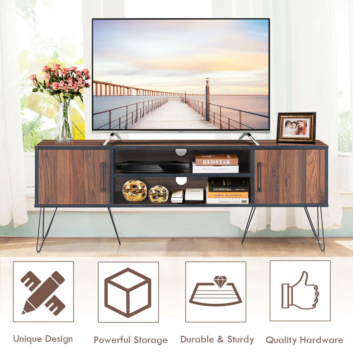 59 Inch Mid-Century TV Stand for TVs up to 65 Inch with Storage and Metal Legs - Walnut