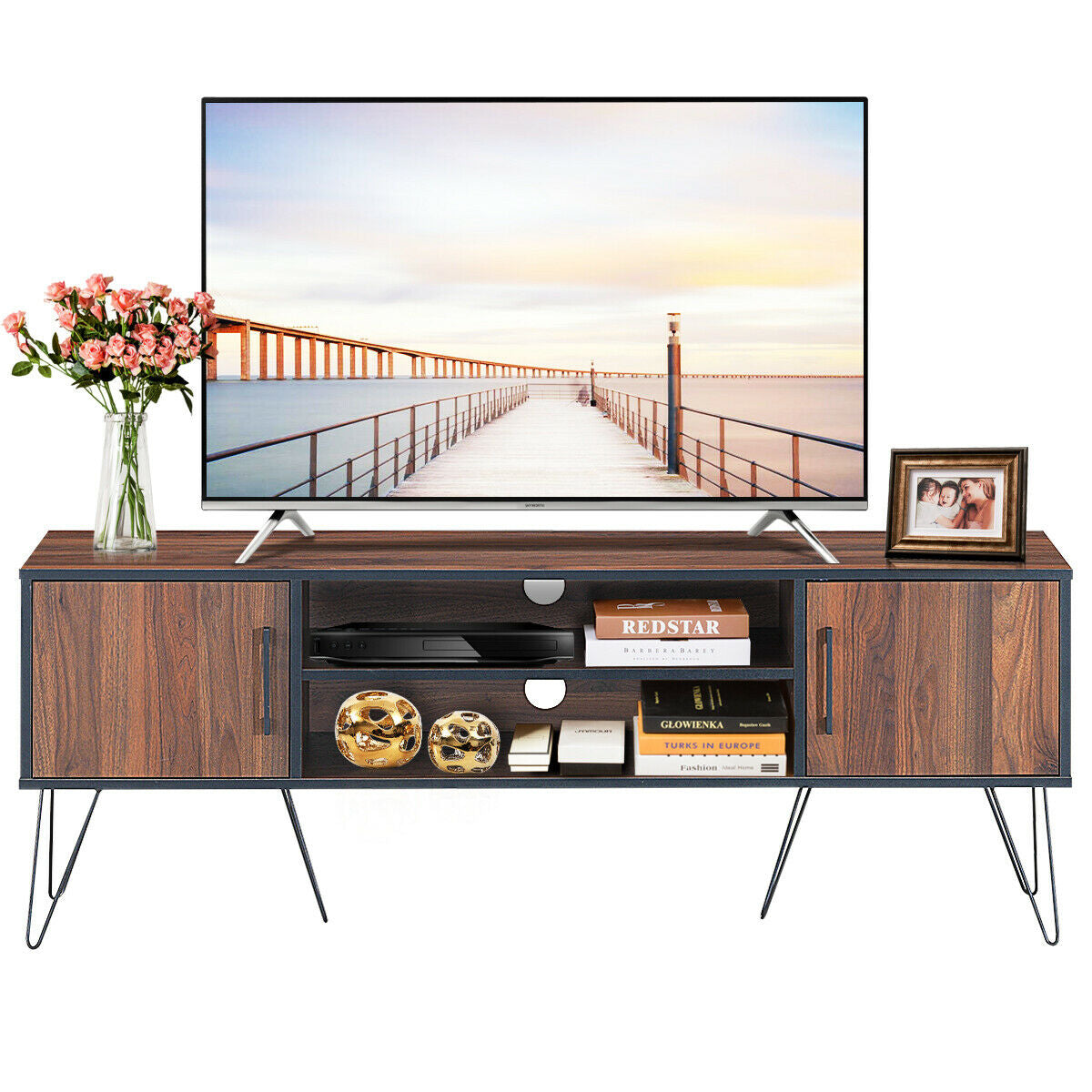 59 Inch Mid-Century TV Stand for TVs up to 65 Inch with Storage and Metal Legs - Walnut