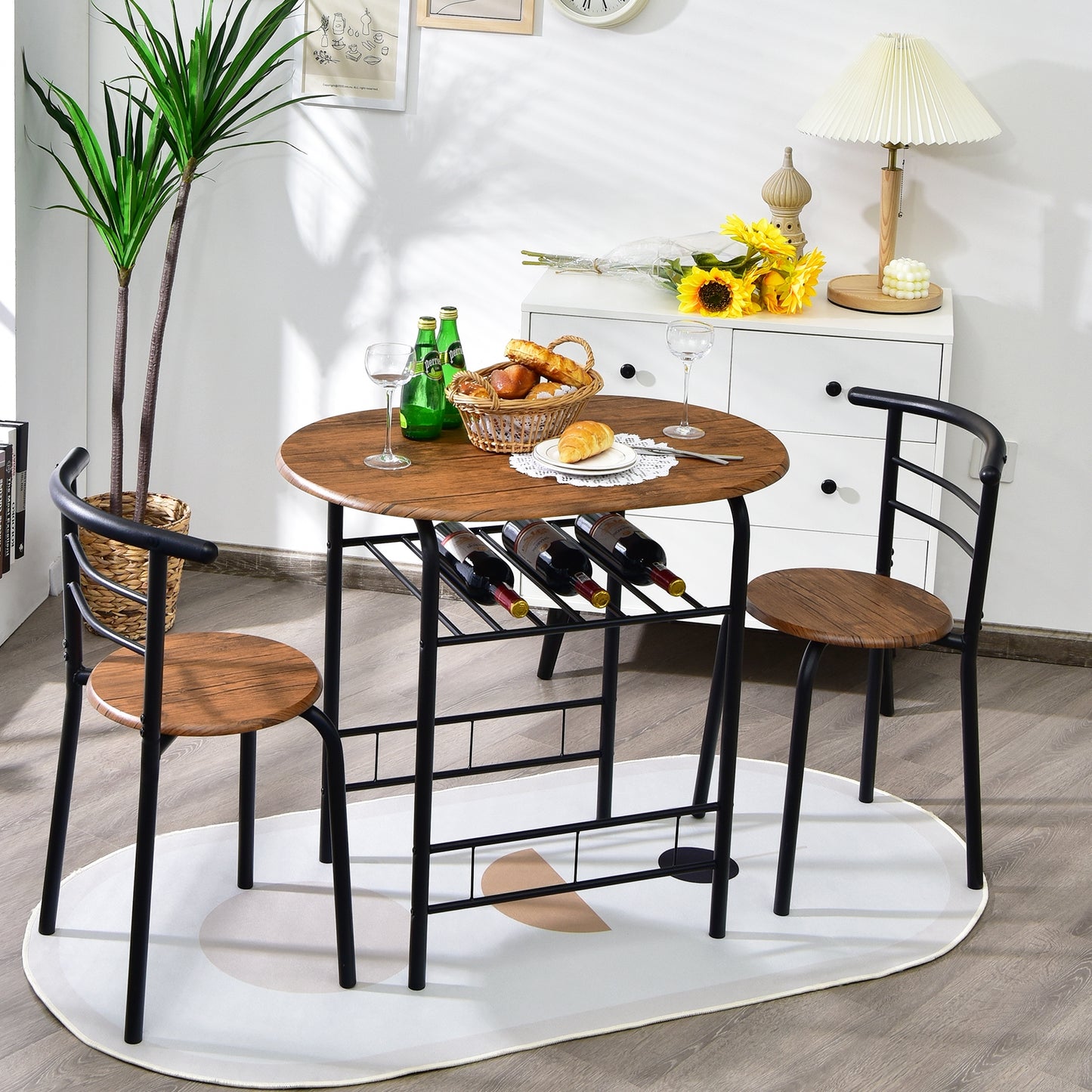 Modern 3 Piece Dining Set with Wine Rack and Two Chairs for Small Kitchen or Apartment - Brown