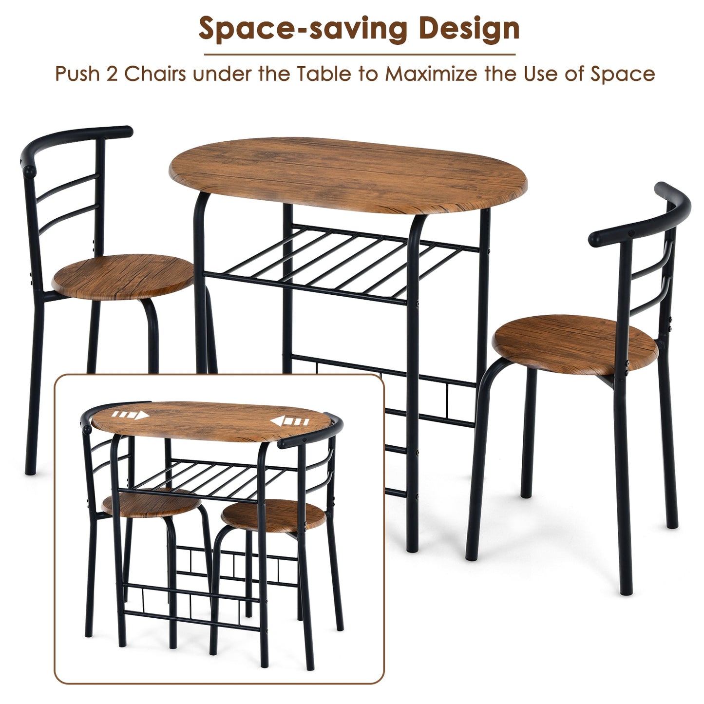 Modern 3 Piece Dining Set with Wine Rack and Two Chairs for Small Kitchen or Apartment - Brown
