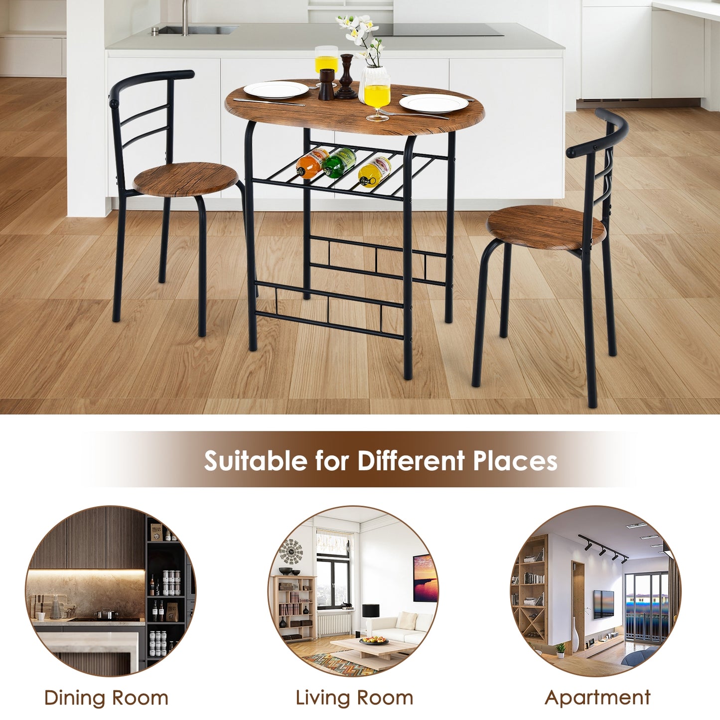 Modern 3 Piece Dining Set with Wine Rack and Two Chairs for Small Kitchen or Apartment - Brown