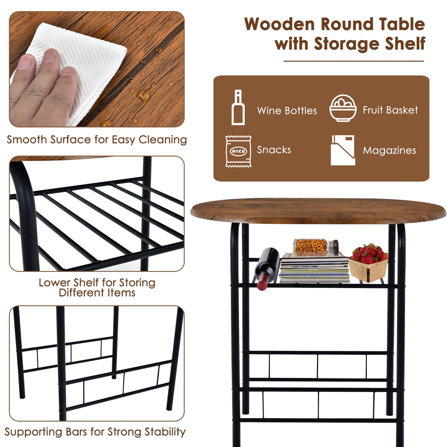 Modern 3 Piece Dining Set with Wine Rack and Two Chairs for Small Kitchen or Apartment - Brown