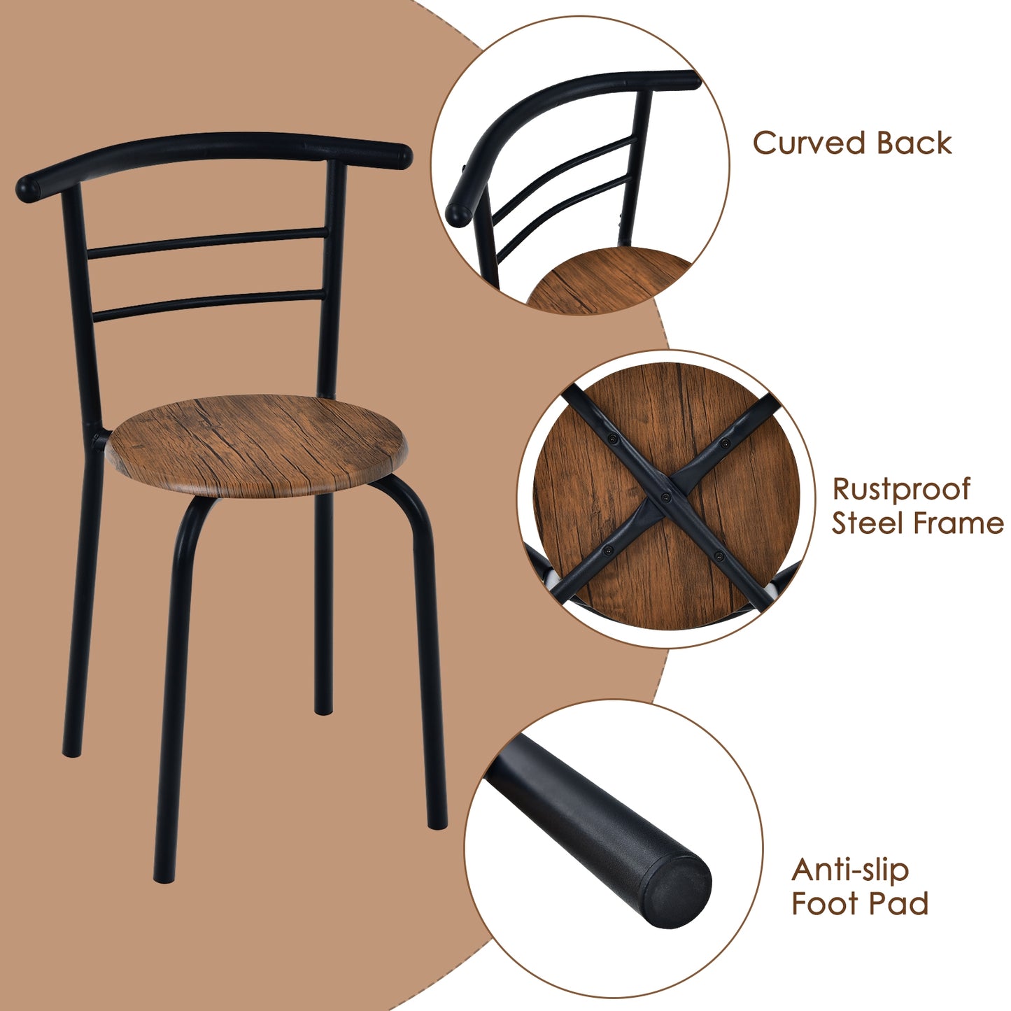 Modern 3 Piece Dining Set with Wine Rack and Two Chairs for Small Kitchen or Apartment - Brown
