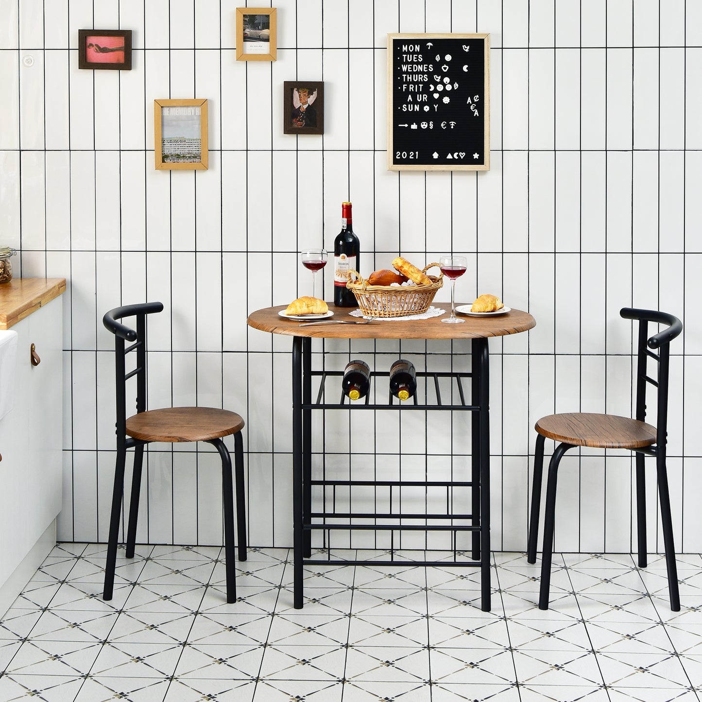 Modern 3 Piece Dining Set with Wine Rack and Two Chairs for Small Kitchen or Apartment - Brown