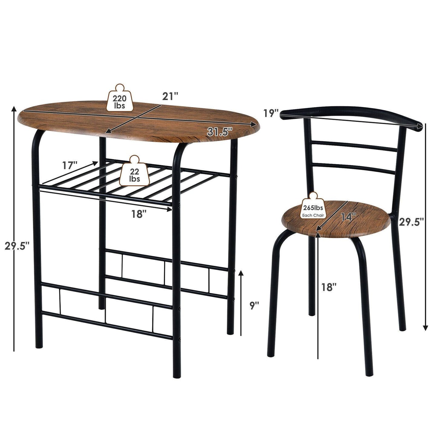 Modern 3 Piece Dining Set with Wine Rack and Two Chairs for Small Kitchen or Apartment - Brown
