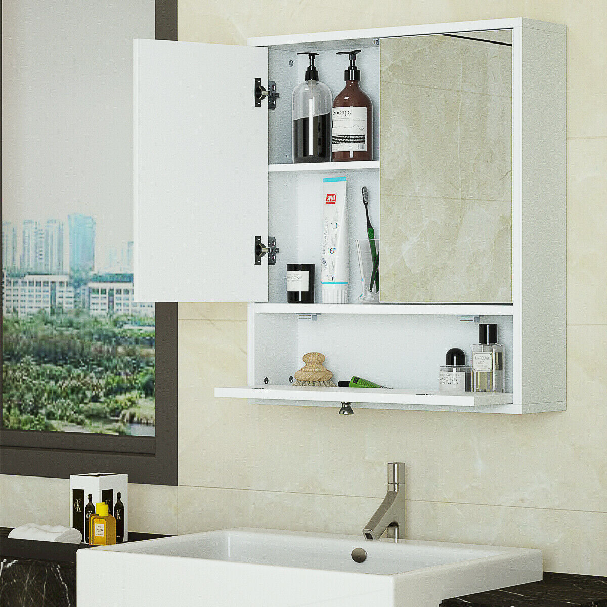 Modern White Wall-Mounted Medicine Cabinet with Mirror