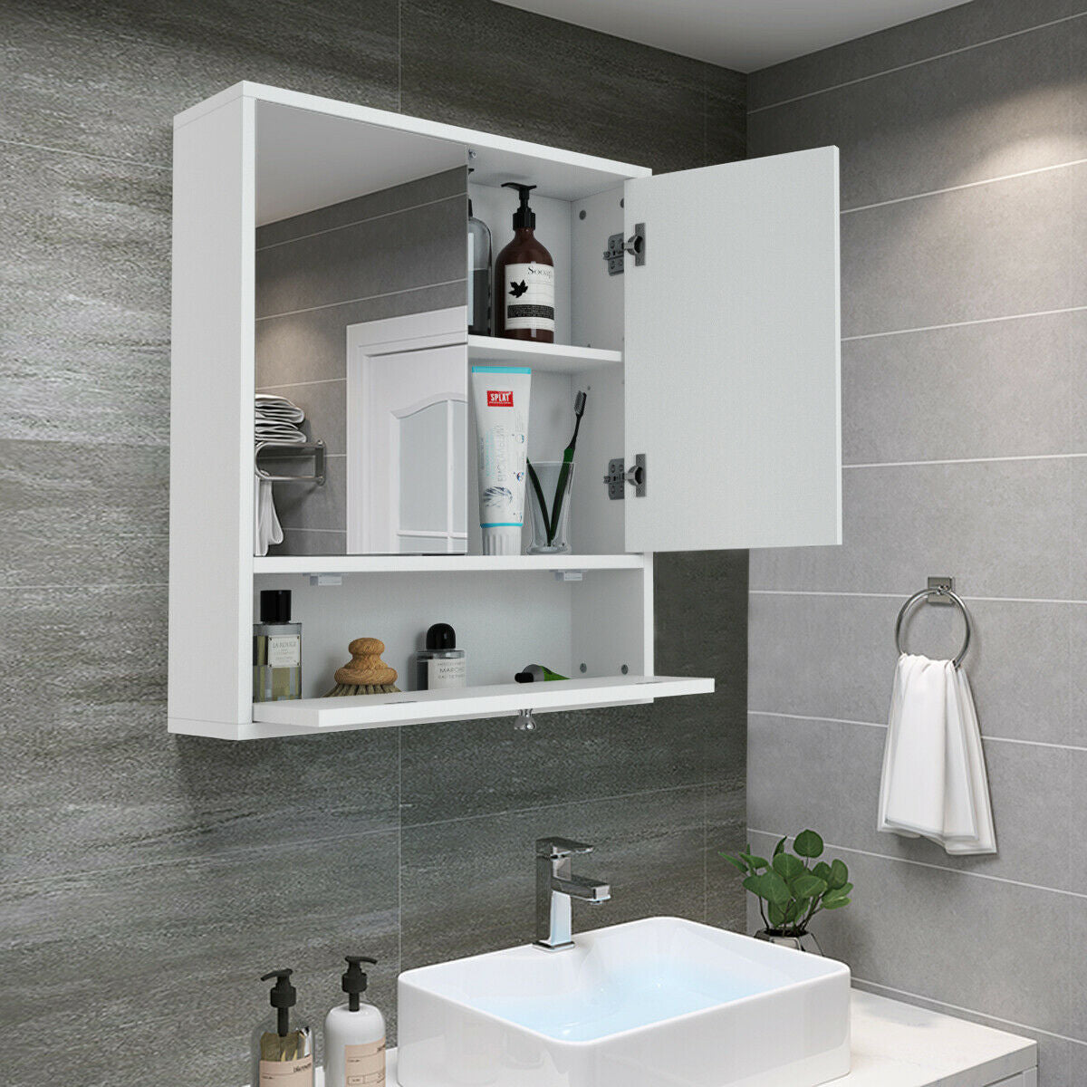 Modern White Wall-Mounted Medicine Cabinet with Mirror
