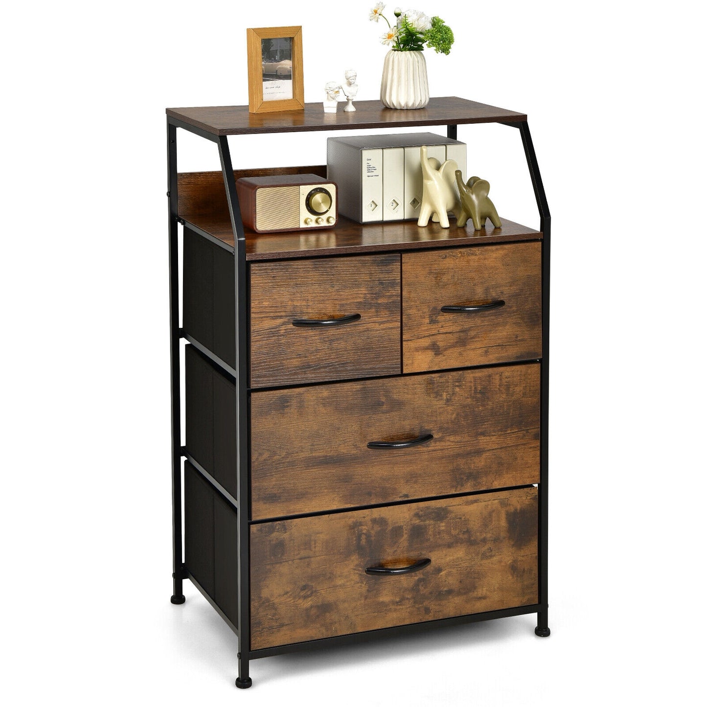 38 Inch Tall Freestanding Storage Cabinet with Wood Top and Open Shelves