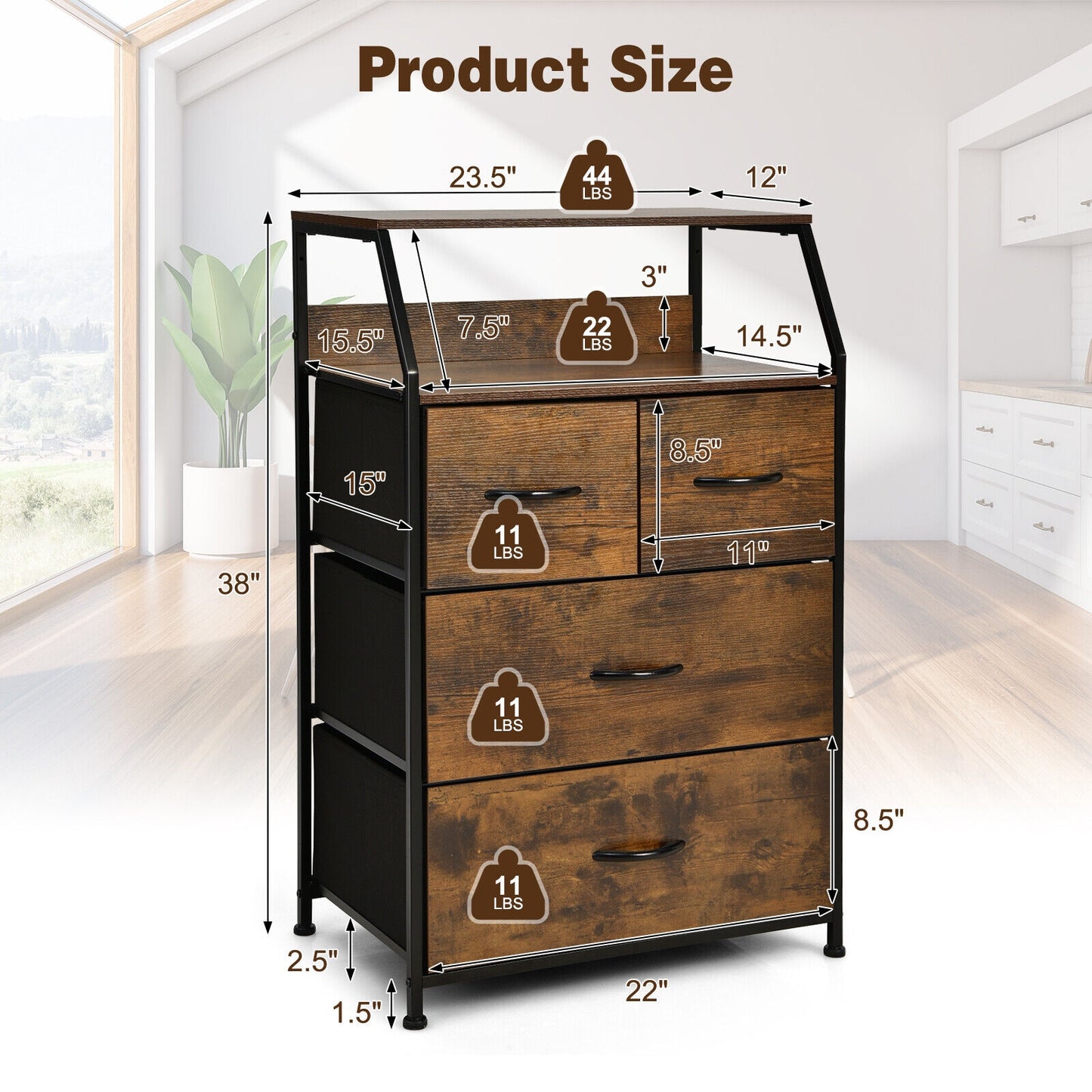 38 Inch Tall Freestanding Storage Cabinet with Wood Top and Open Shelves