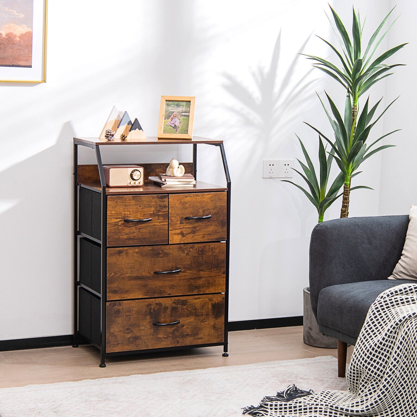 38 Inch Tall Freestanding Storage Cabinet with Wood Top and Open Shelves