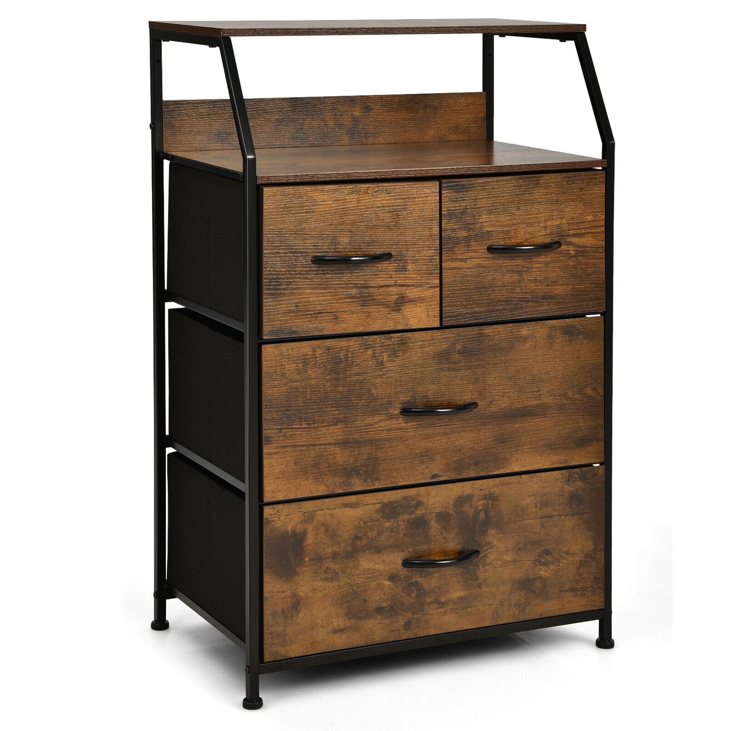 38 Inch Tall Freestanding Storage Cabinet with Wood Top and Open Shelves