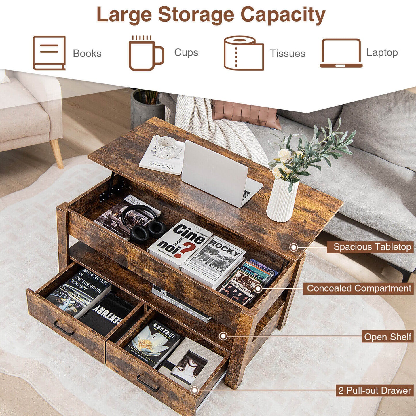 Lift Top Coffee Table with Hidden Storage Compartment and Dual Drawers