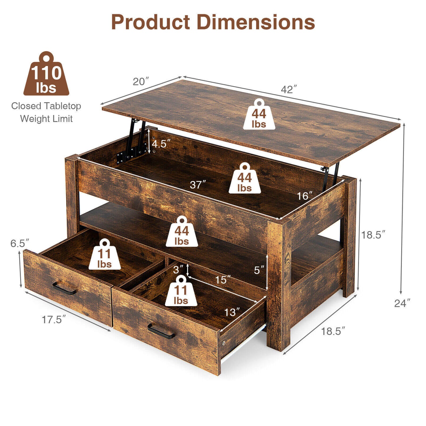 Lift Top Coffee Table with Hidden Storage Compartment and Dual Drawers