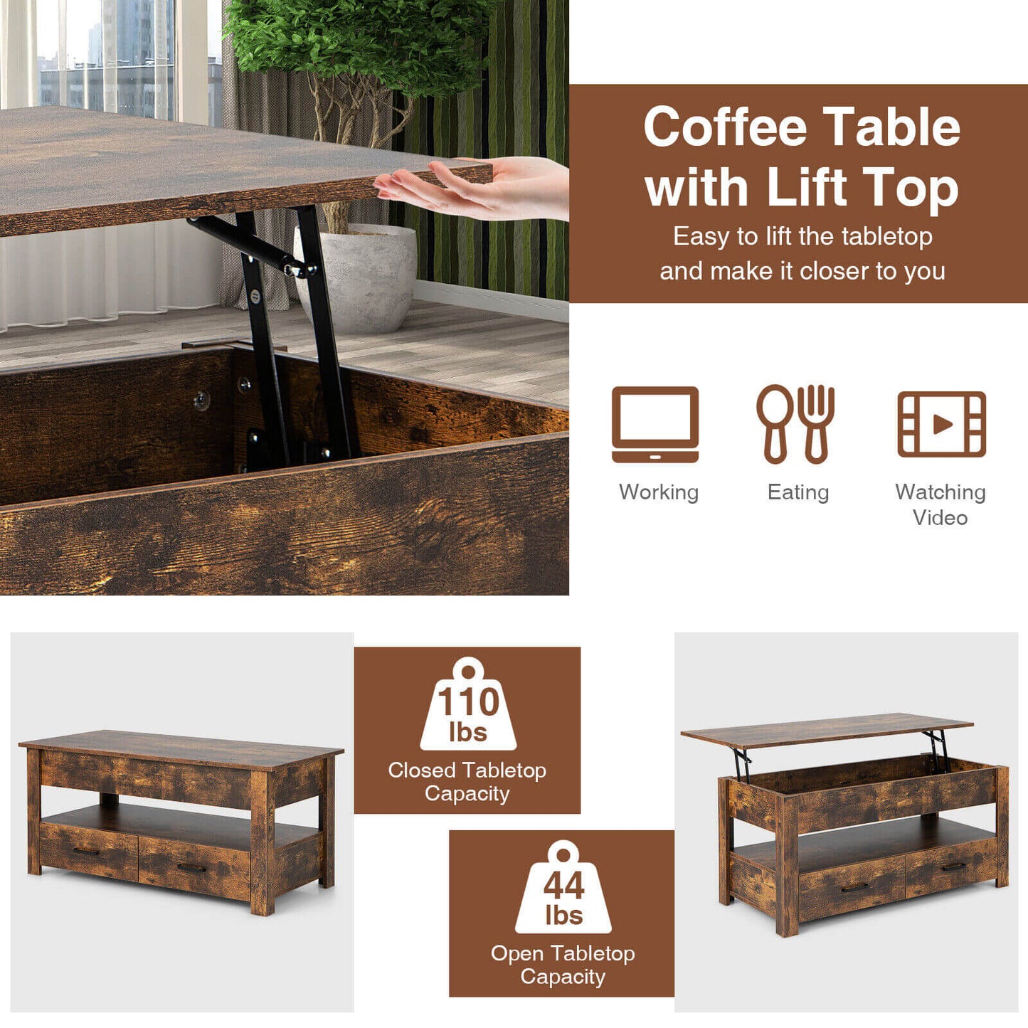 Lift Top Coffee Table with Hidden Storage Compartment and Dual Drawers