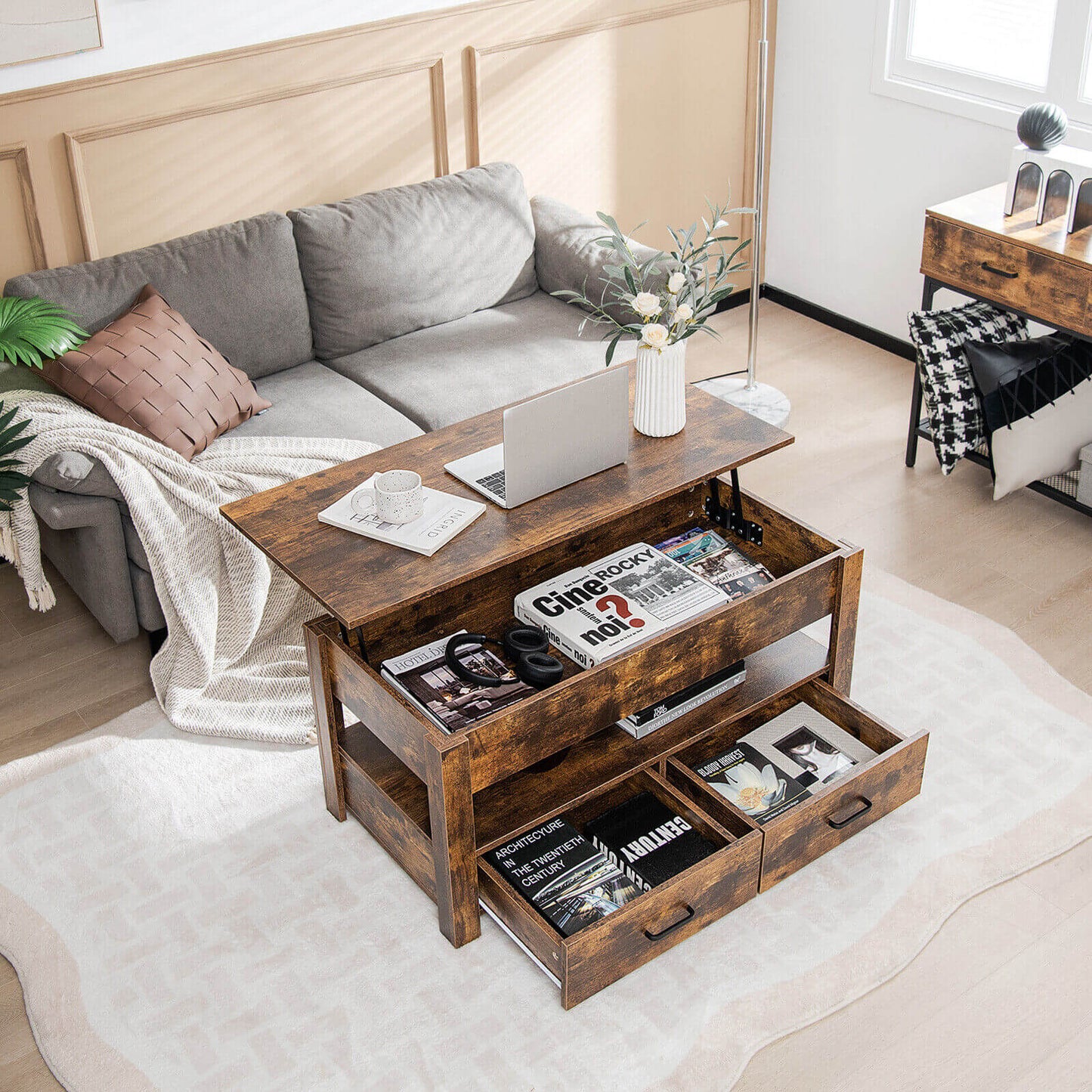 Lift Top Coffee Table with Hidden Storage Compartment and Dual Drawers
