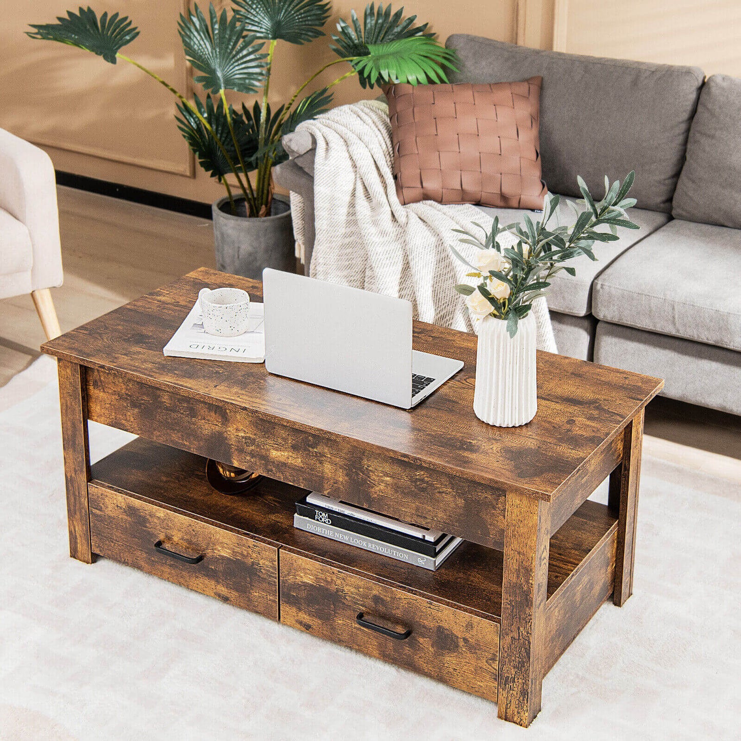 Lift Top Coffee Table with Hidden Storage Compartment and Dual Drawers