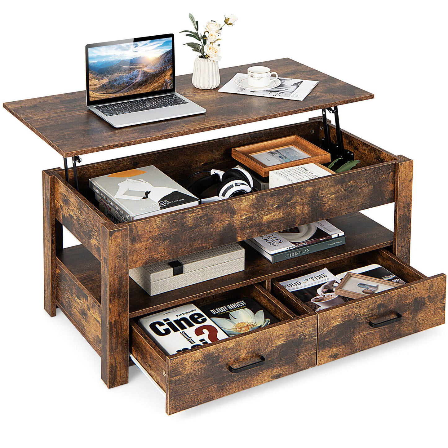 Lift Top Coffee Table with Hidden Storage Compartment and Dual Drawers