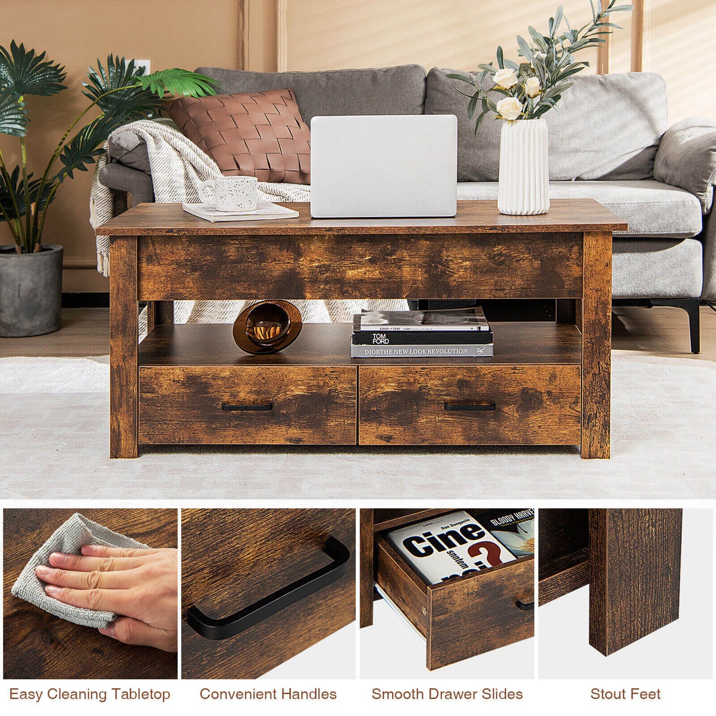 Lift Top Coffee Table with Hidden Storage Compartment and Dual Drawers