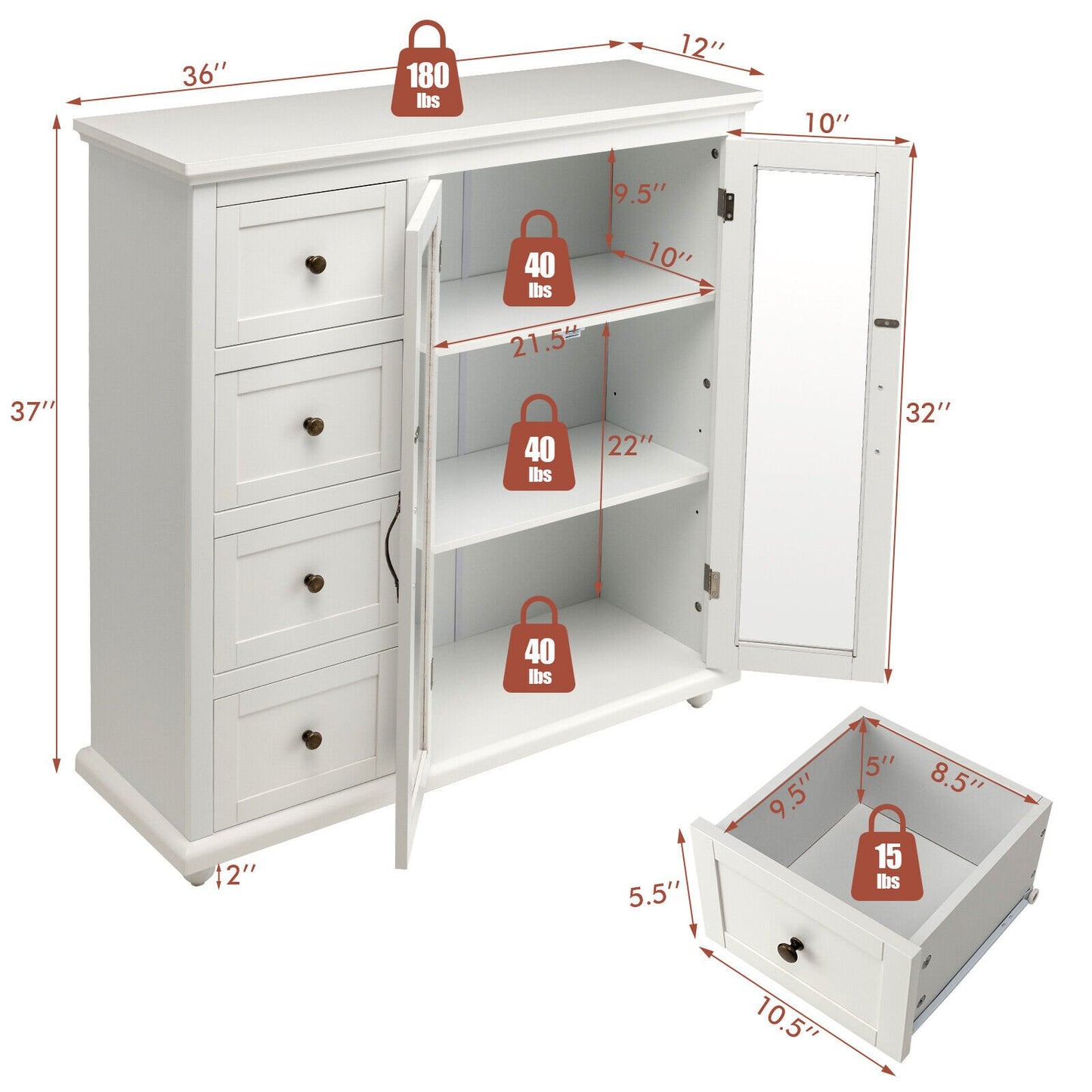 Buffet Sideboard Cabinet with Glass Doors and Storage Drawers for Kitchen or Dining Room - White