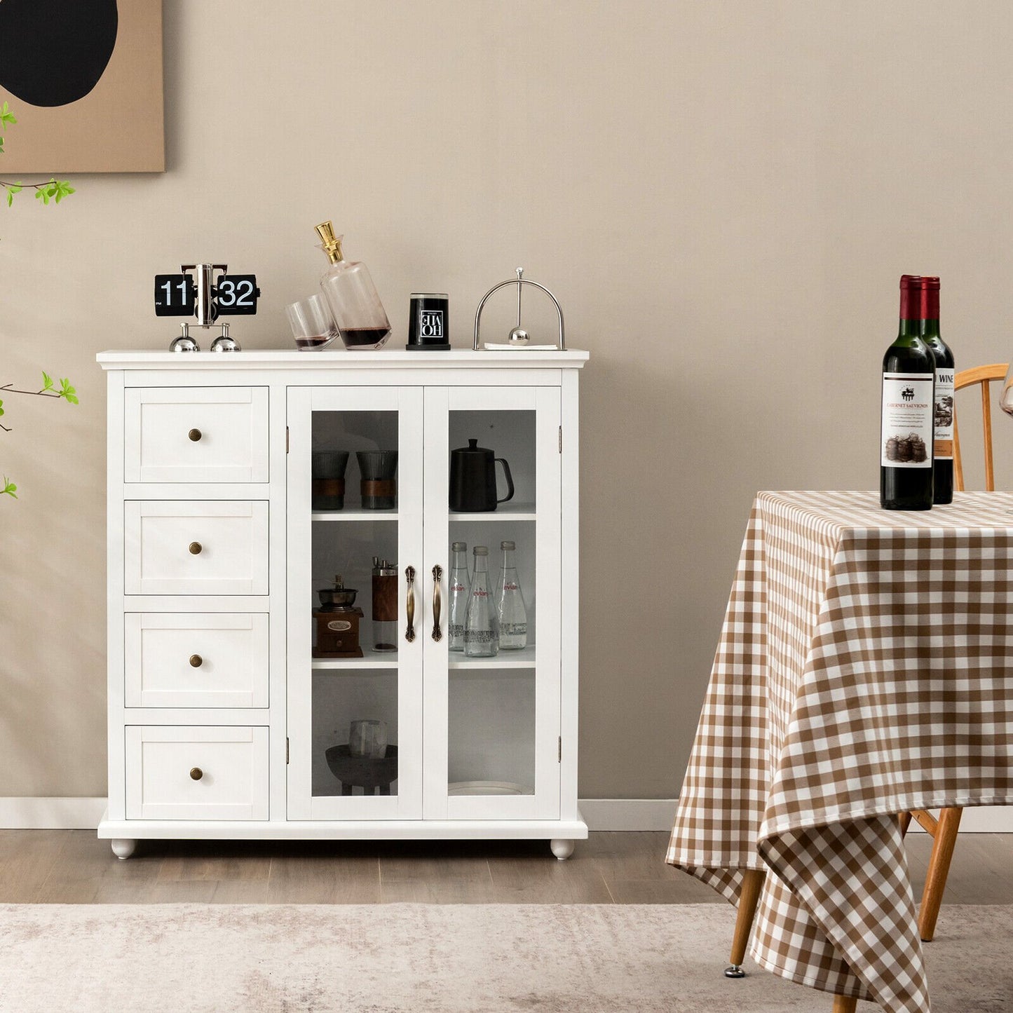 Buffet Sideboard Cabinet with Glass Doors and Storage Drawers for Kitchen or Dining Room - White