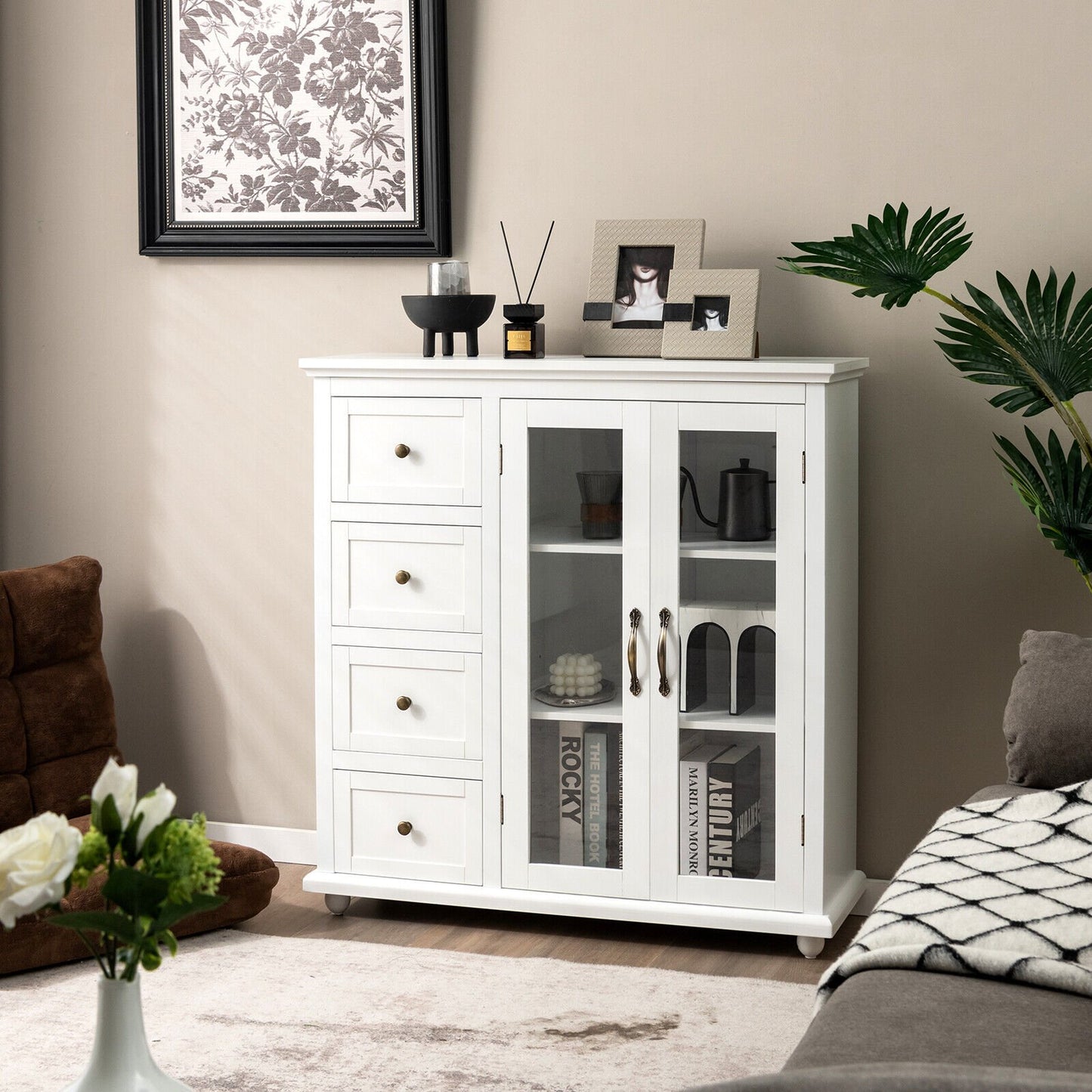 Buffet Sideboard Cabinet with Glass Doors and Storage Drawers for Kitchen or Dining Room - White