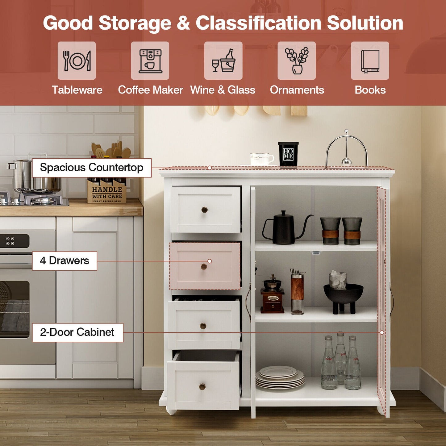 Buffet Sideboard Cabinet with Glass Doors and Storage Drawers for Kitchen or Dining Room - White
