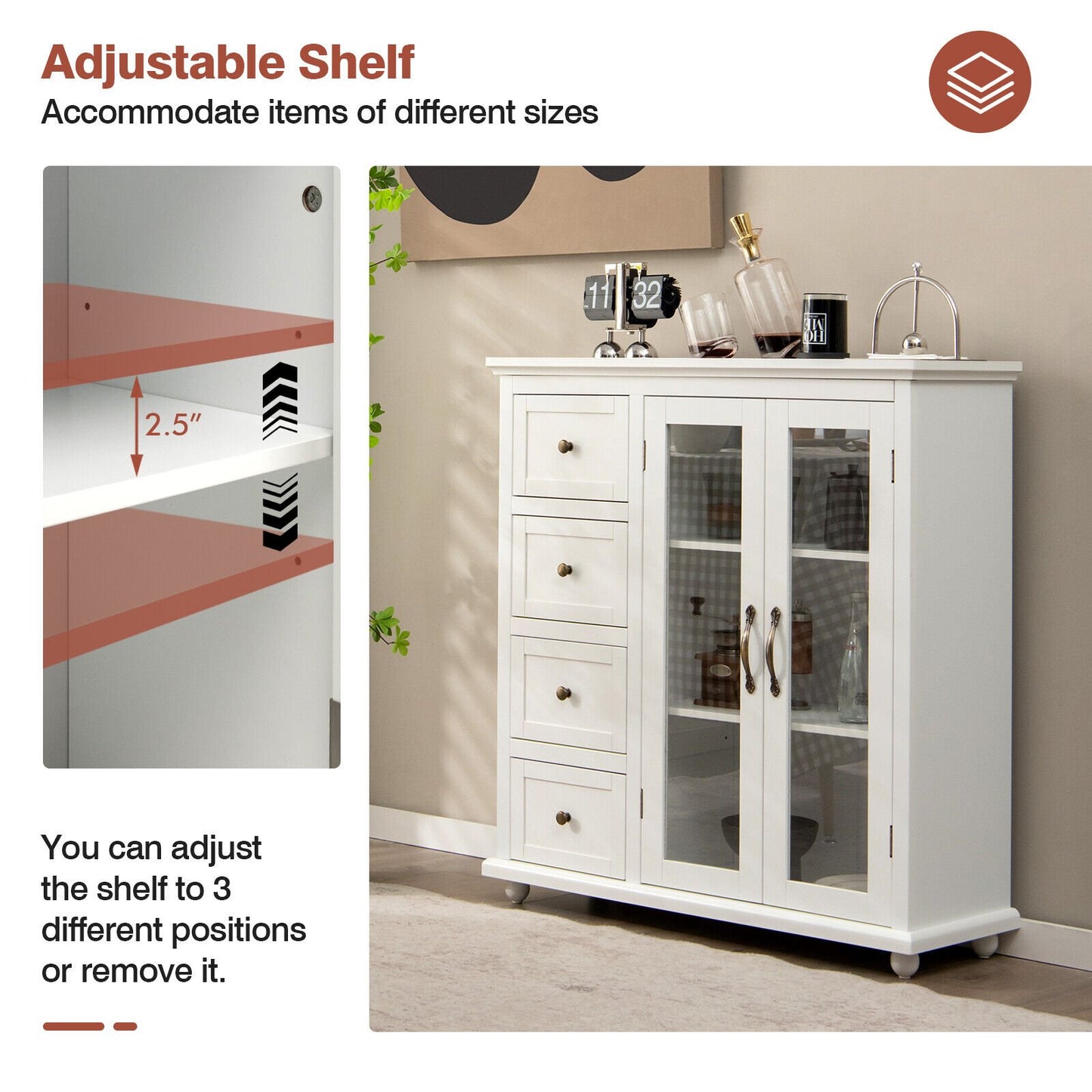 Buffet Sideboard Cabinet with Glass Doors and Storage Drawers for Kitchen or Dining Room - White