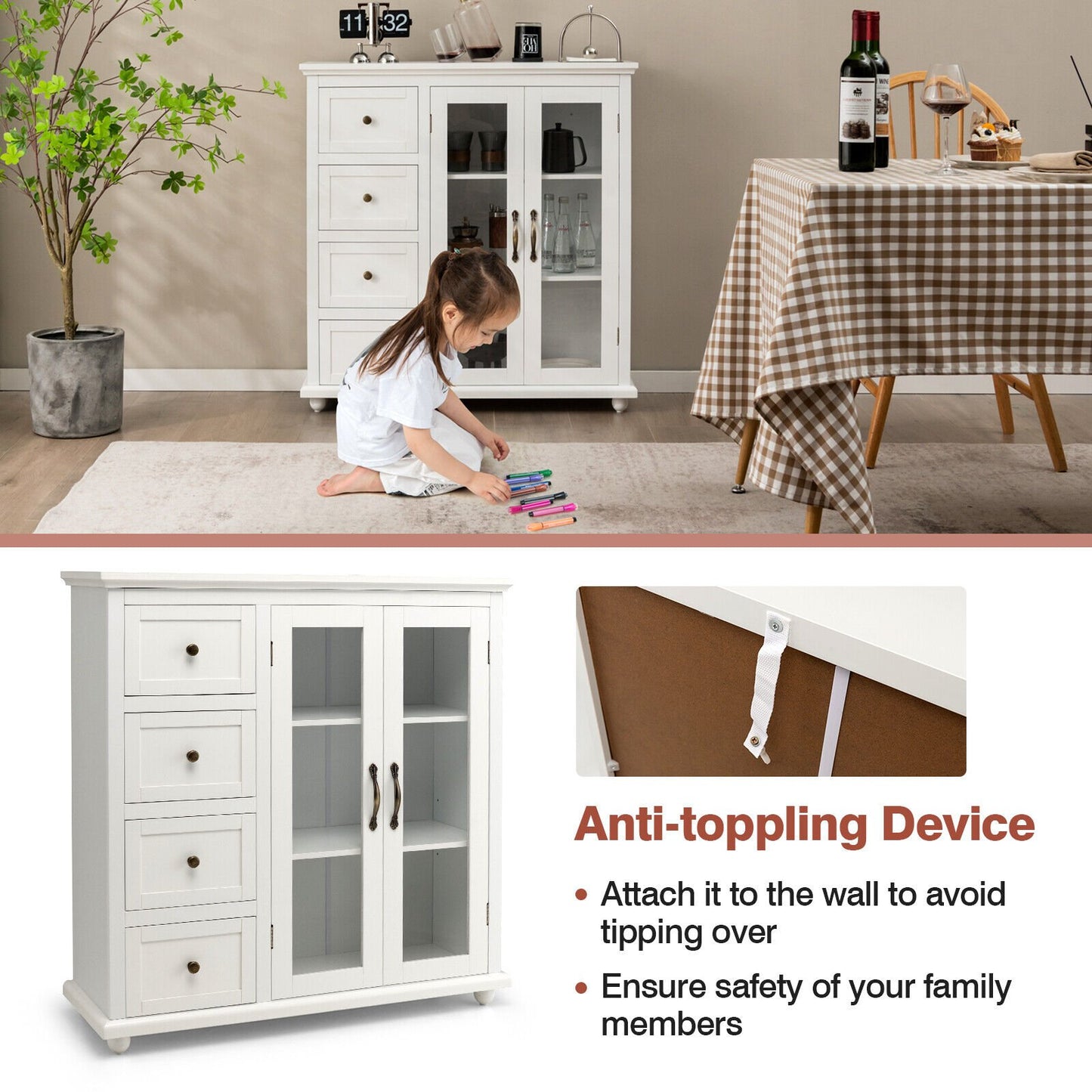 Buffet Sideboard Cabinet with Glass Doors and Storage Drawers for Kitchen or Dining Room - White