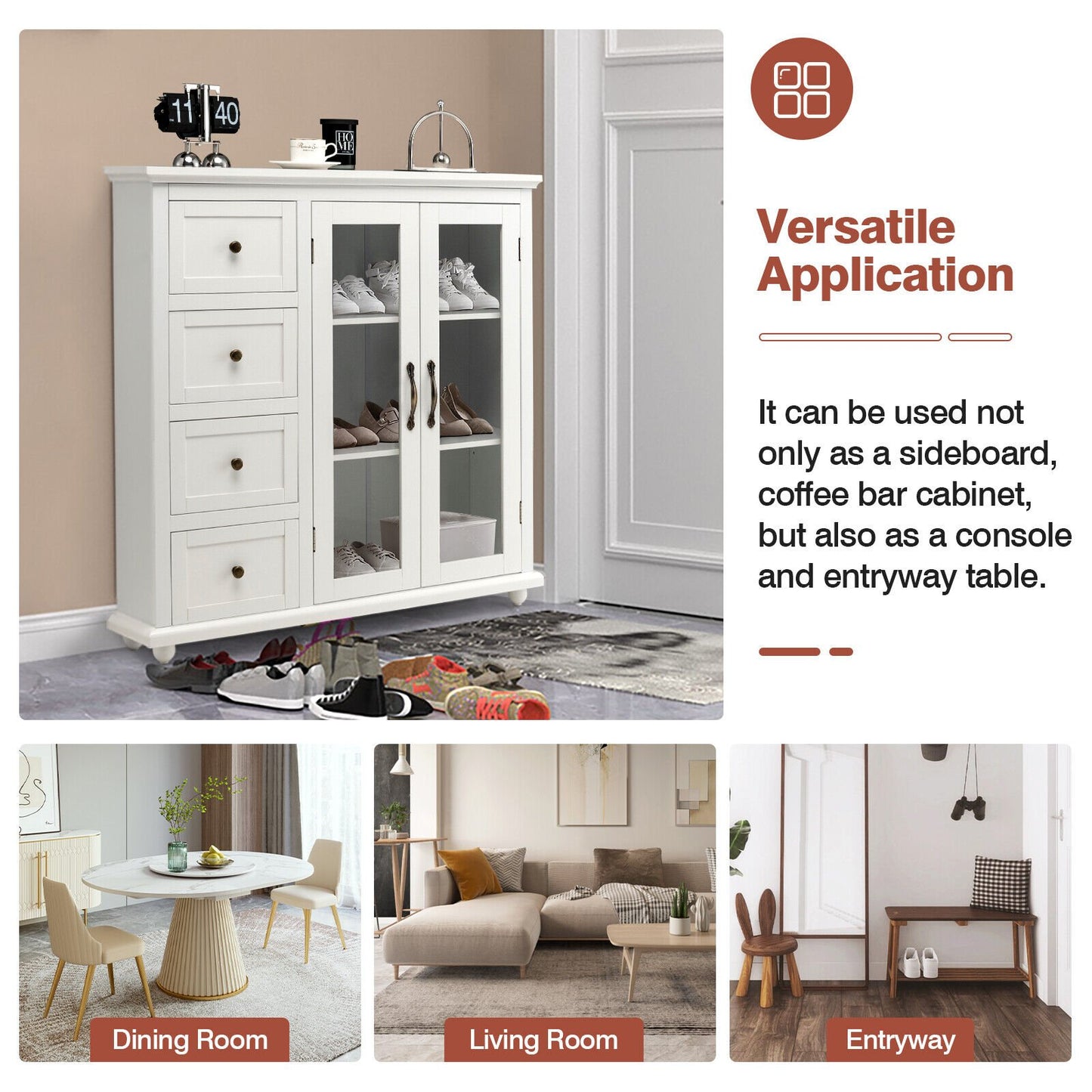 Buffet Sideboard Cabinet with Glass Doors and Storage Drawers for Kitchen or Dining Room - White