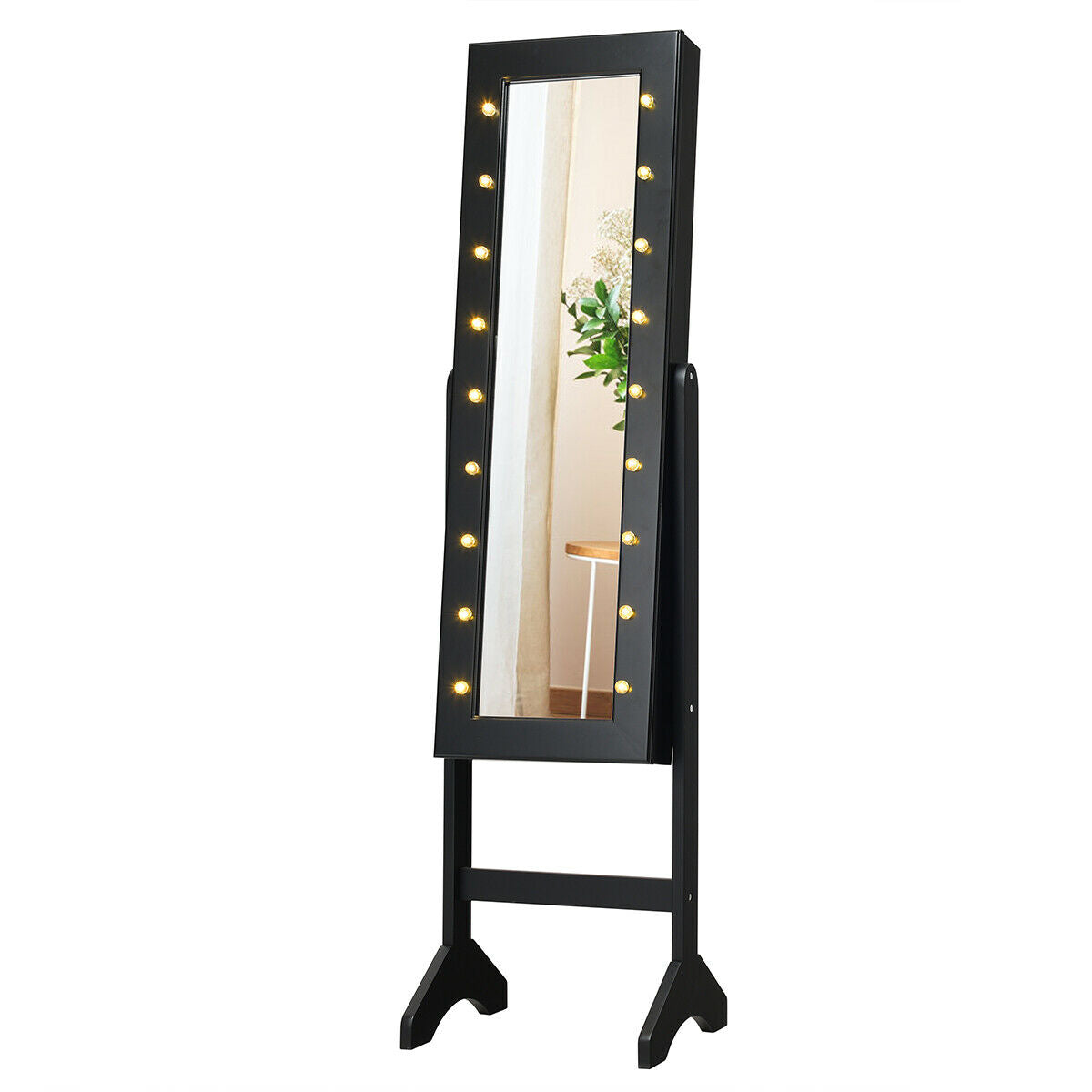 Freestanding Mirrored Jewelry Armoire with LED Lights and Storage Organizer – Black