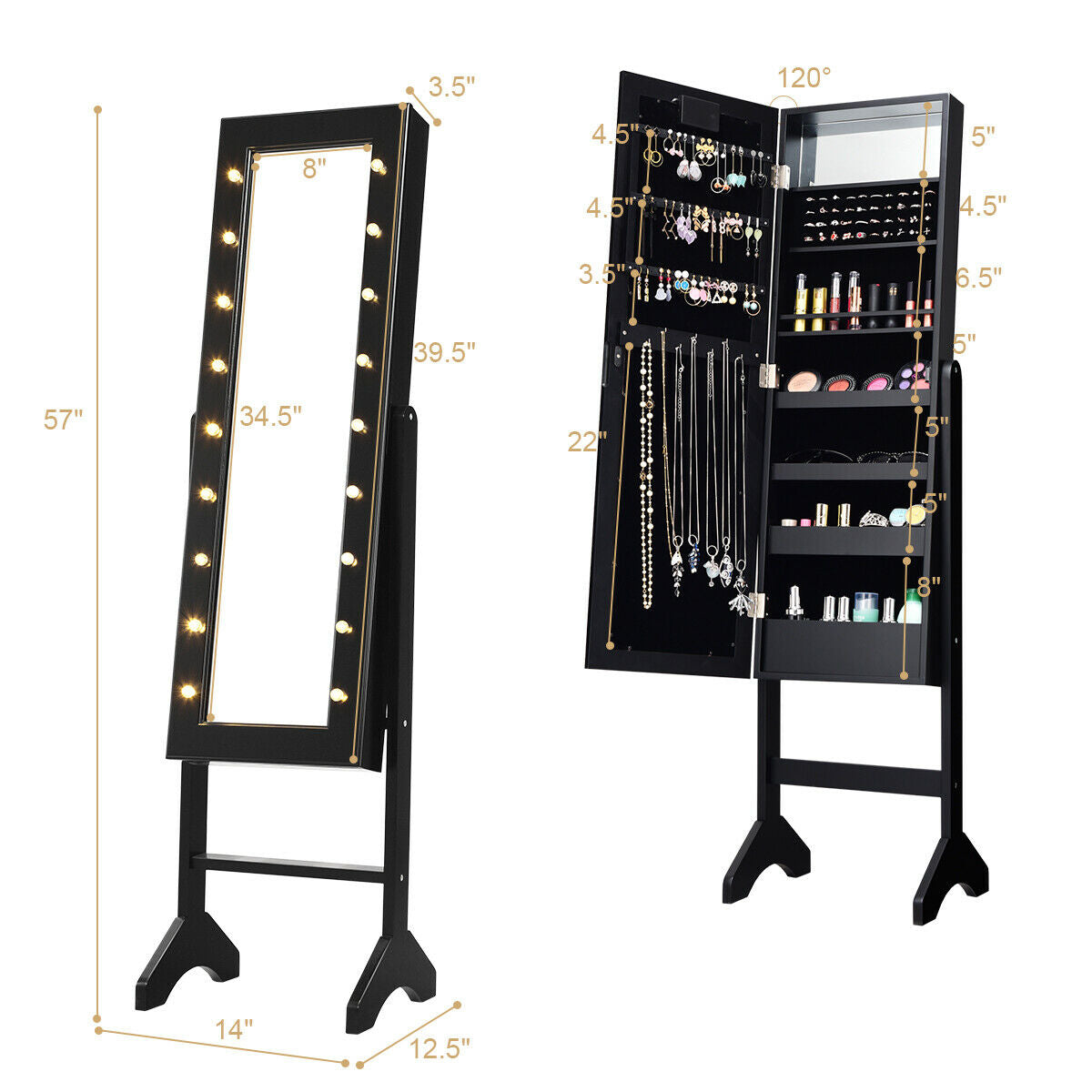 Freestanding Mirrored Jewelry Armoire with LED Lights and Storage Organizer – Black