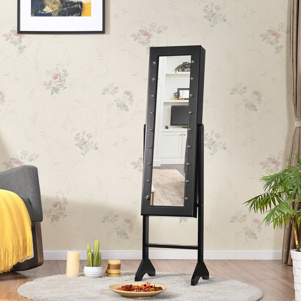 Freestanding Mirrored Jewelry Armoire with LED Lights and Storage Organizer – Black