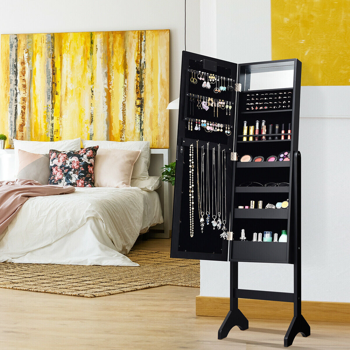 Freestanding Mirrored Jewelry Armoire with LED Lights and Storage Organizer – Black
