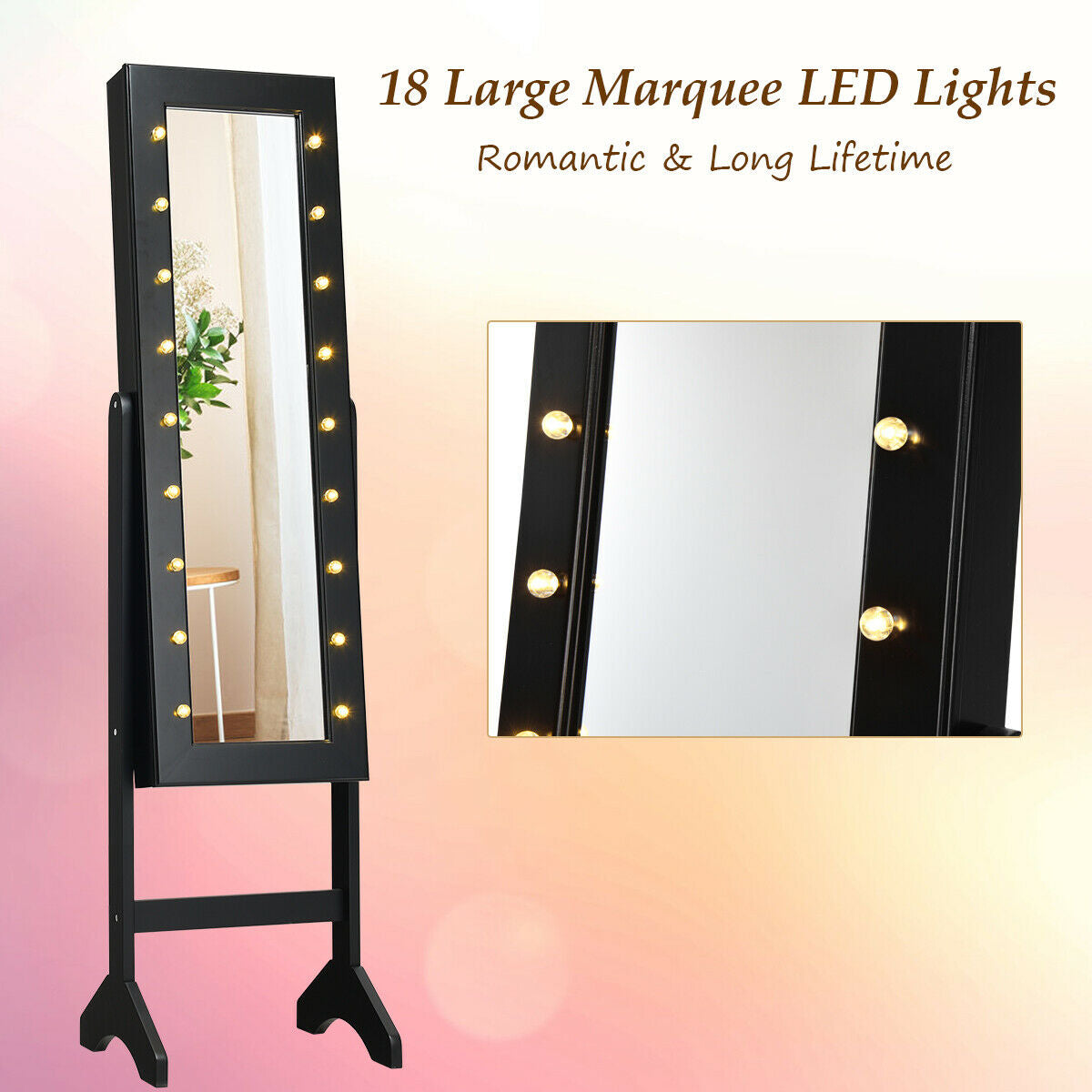 Freestanding Mirrored Jewelry Armoire with LED Lights and Storage Organizer – Black