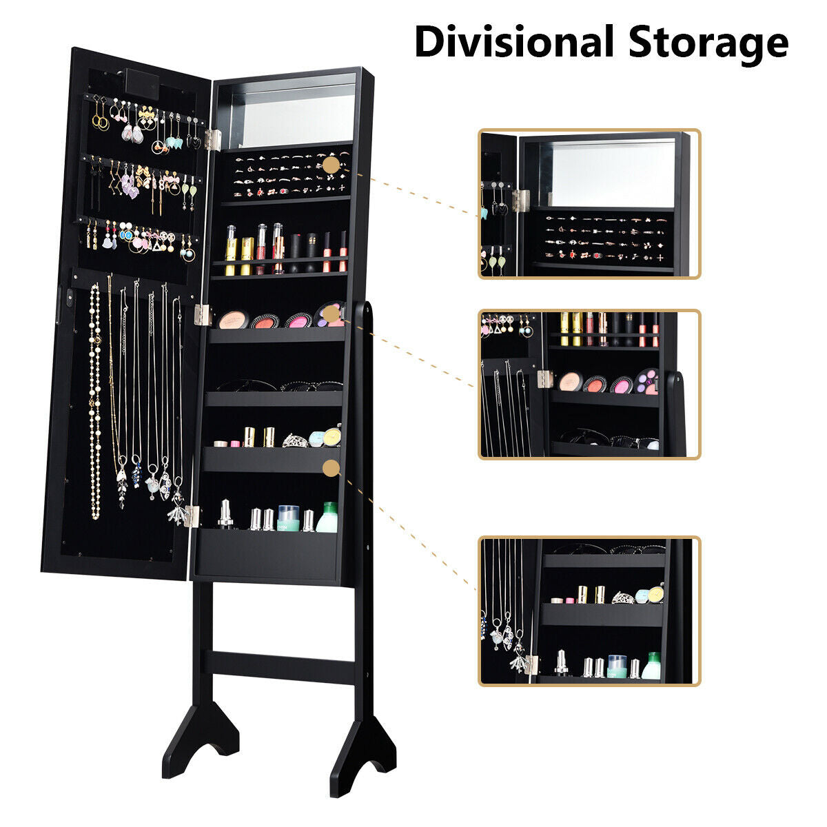 Freestanding Mirrored Jewelry Armoire with LED Lights and Storage Organizer – Black