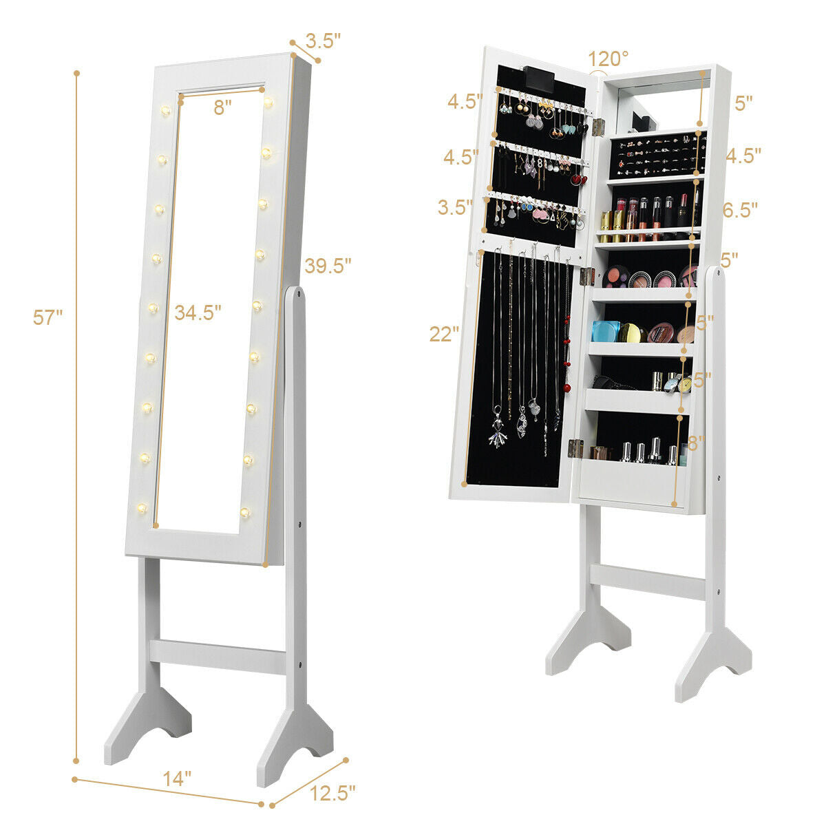 Freestanding Mirrored Jewelry Armoire with LED Lights and Storage Organizer – White