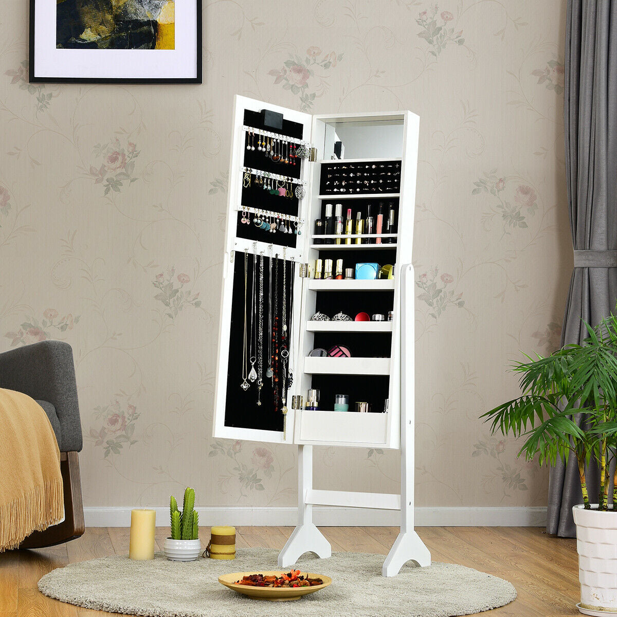Freestanding Mirrored Jewelry Armoire with LED Lights and Storage Organizer – White