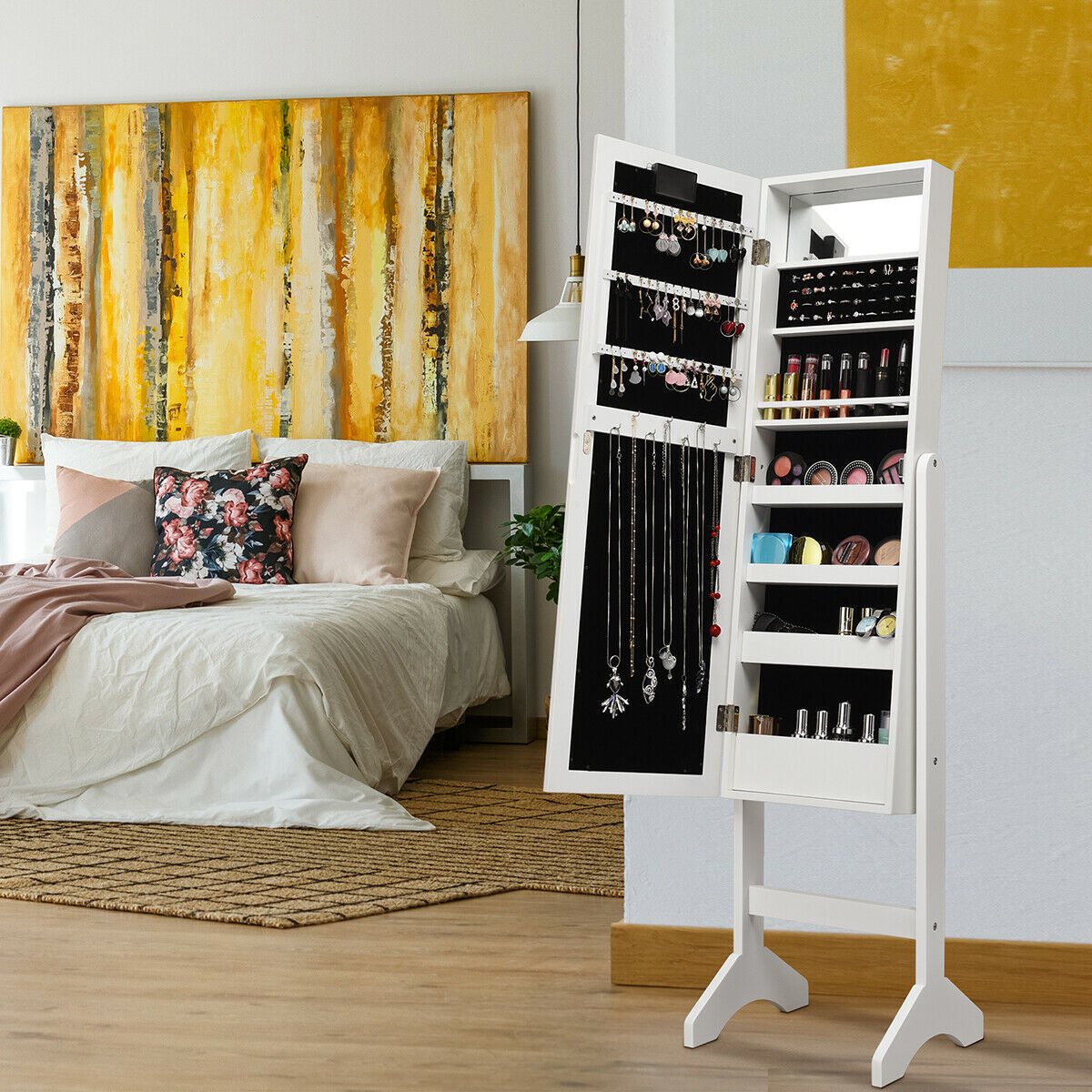Freestanding Mirrored Jewelry Armoire with LED Lights and Storage Organizer – White