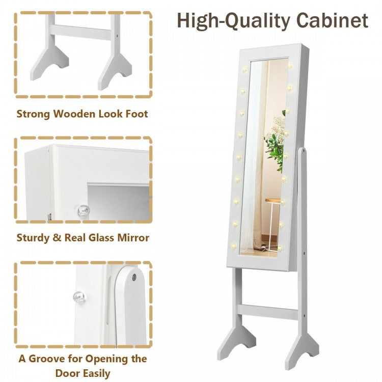 Freestanding Mirrored Jewelry Armoire with LED Lights and Storage Organizer – White