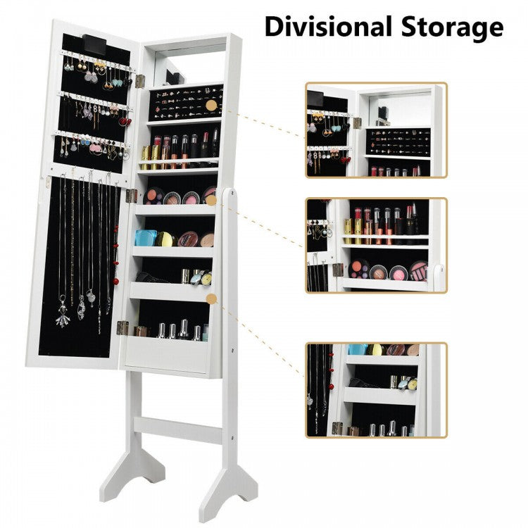 Freestanding Mirrored Jewelry Armoire with LED Lights and Storage Organizer – White
