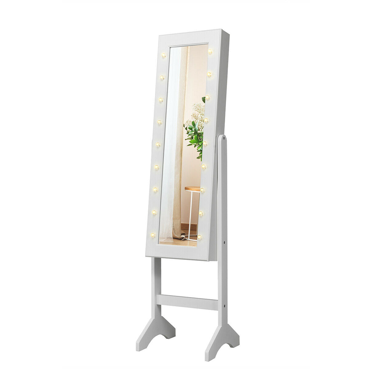 Freestanding Mirrored Jewelry Armoire with LED Lights and Storage Organizer – White