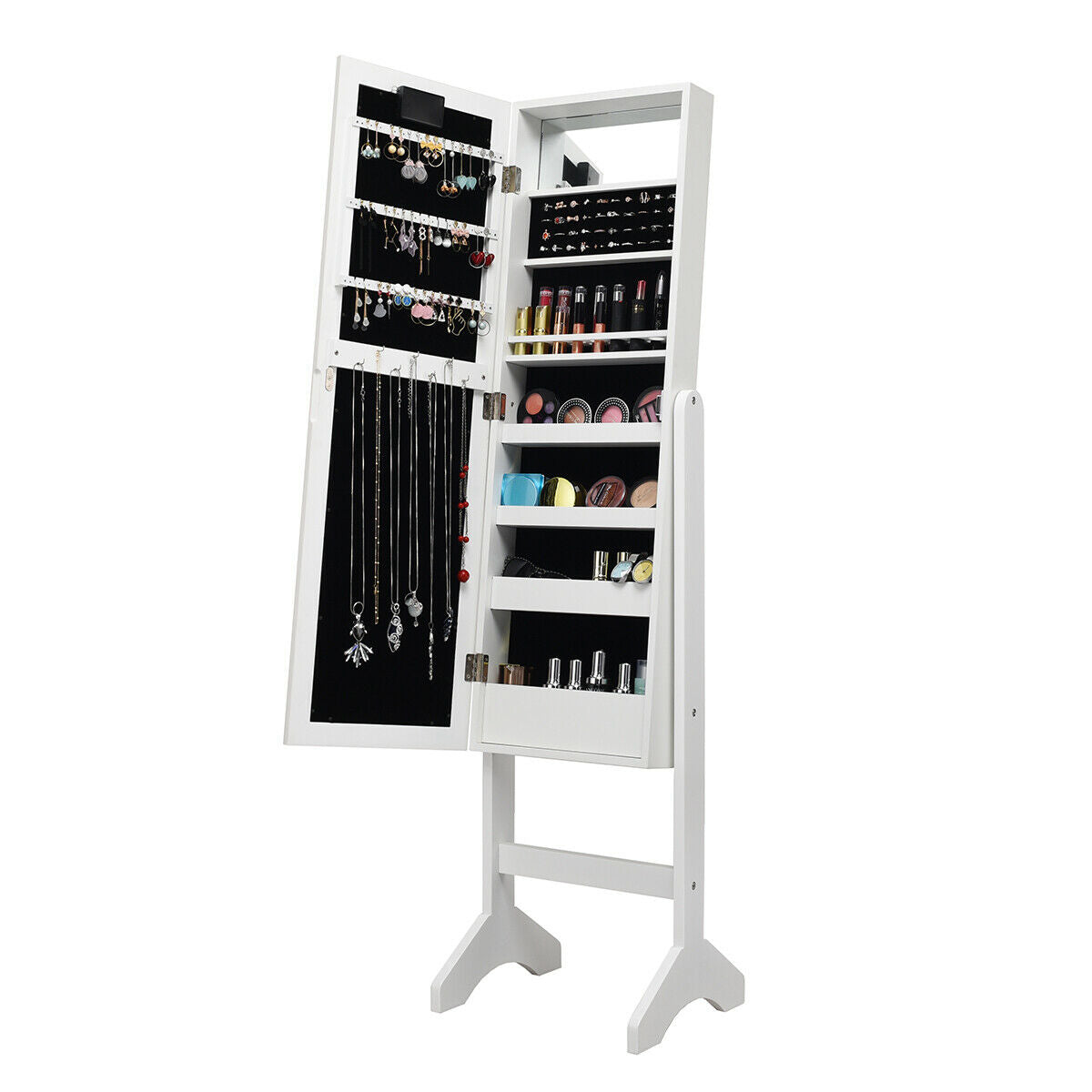 Freestanding Mirrored Jewelry Armoire with LED Lights and Storage Organizer – White