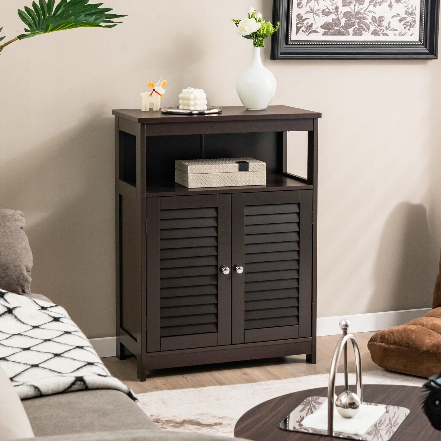 Wooden Freestanding Bathroom Cabinet with Double Shutter Doors for Storage