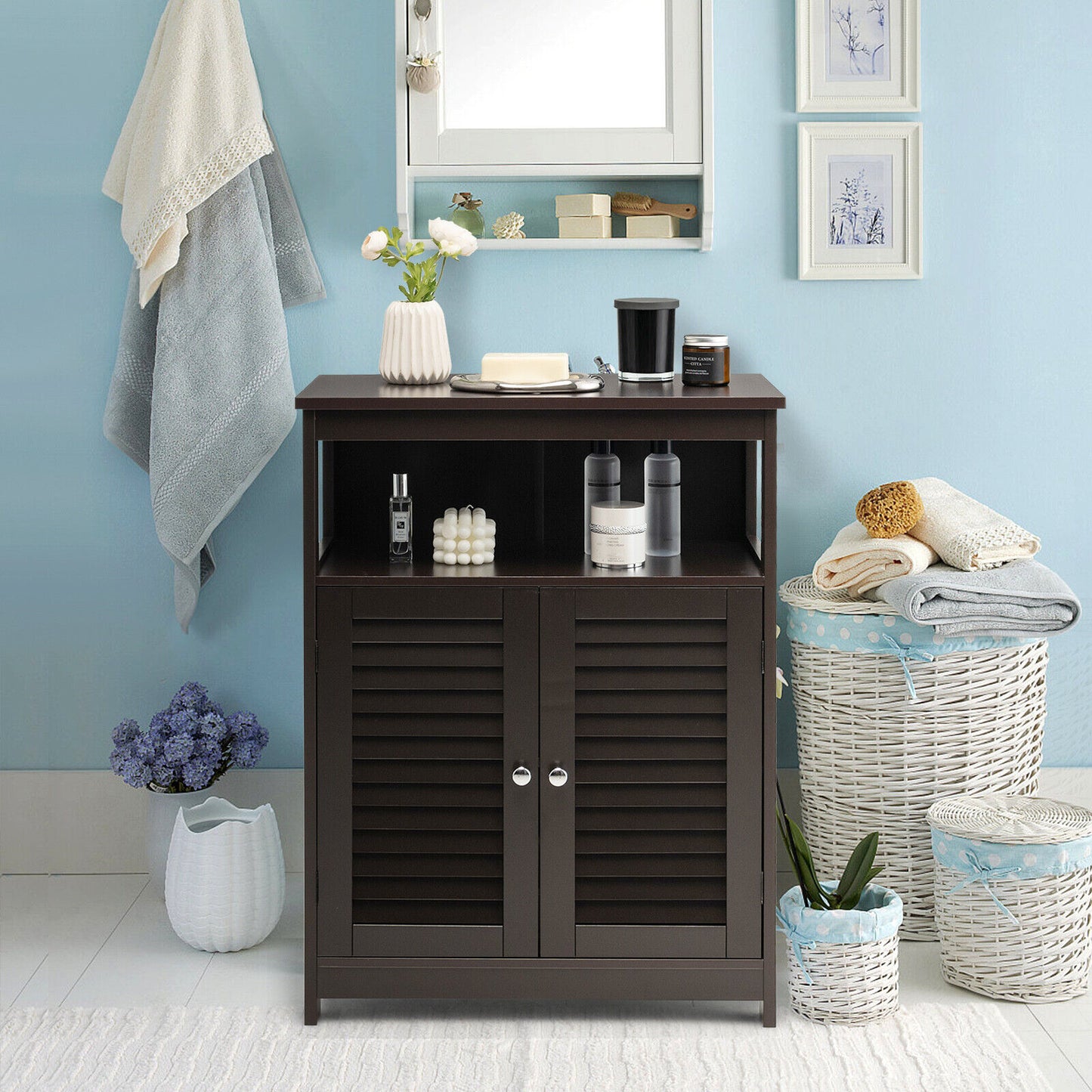 Wooden Freestanding Bathroom Cabinet with Double Shutter Doors for Storage