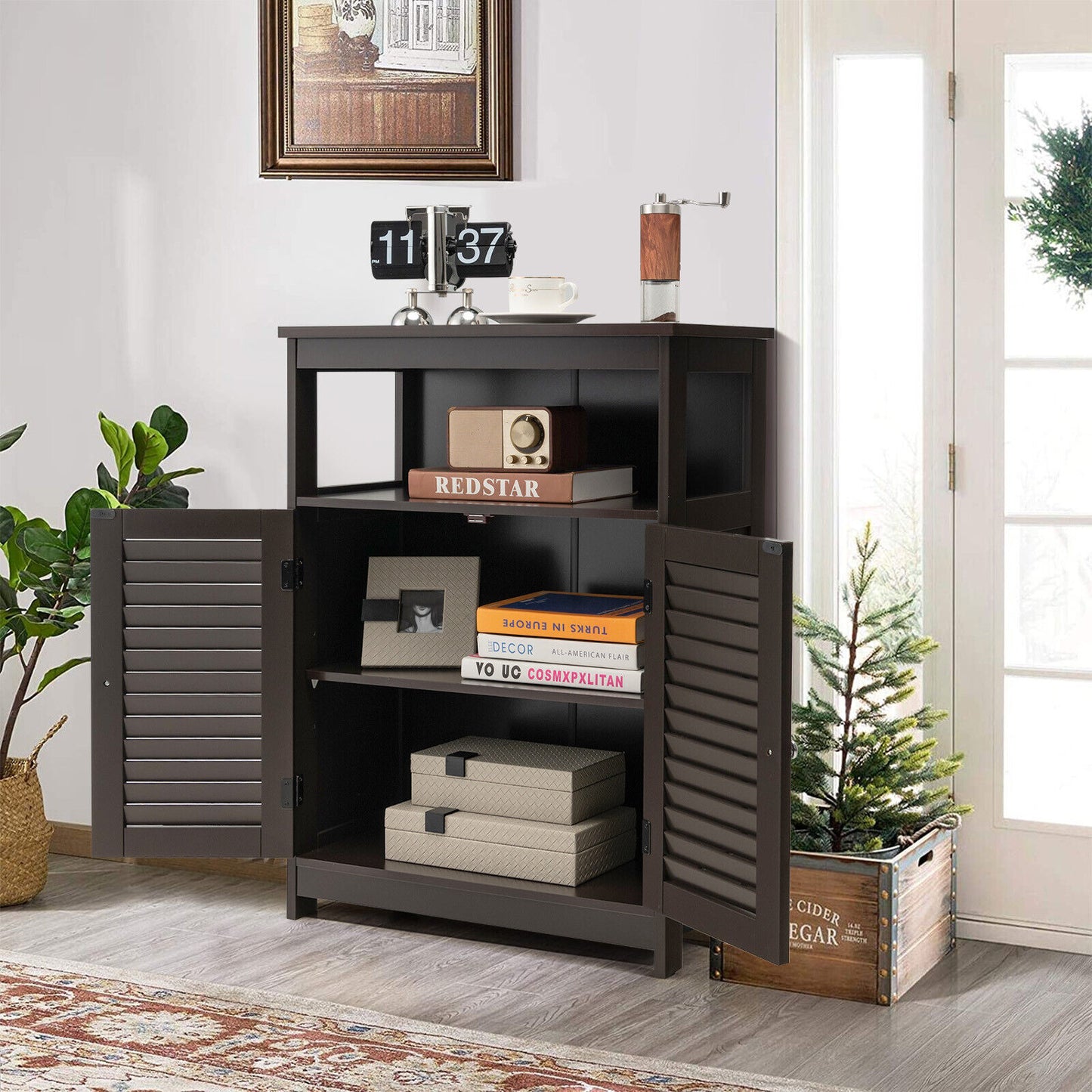 Wooden Freestanding Bathroom Cabinet with Double Shutter Doors for Storage