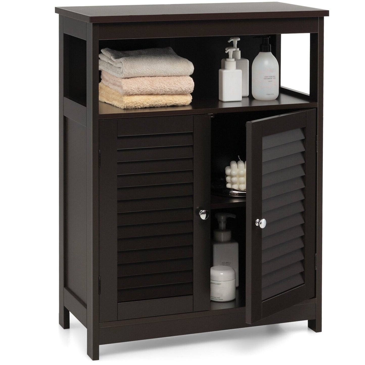 Wooden Freestanding Bathroom Cabinet with Double Shutter Doors for Storage