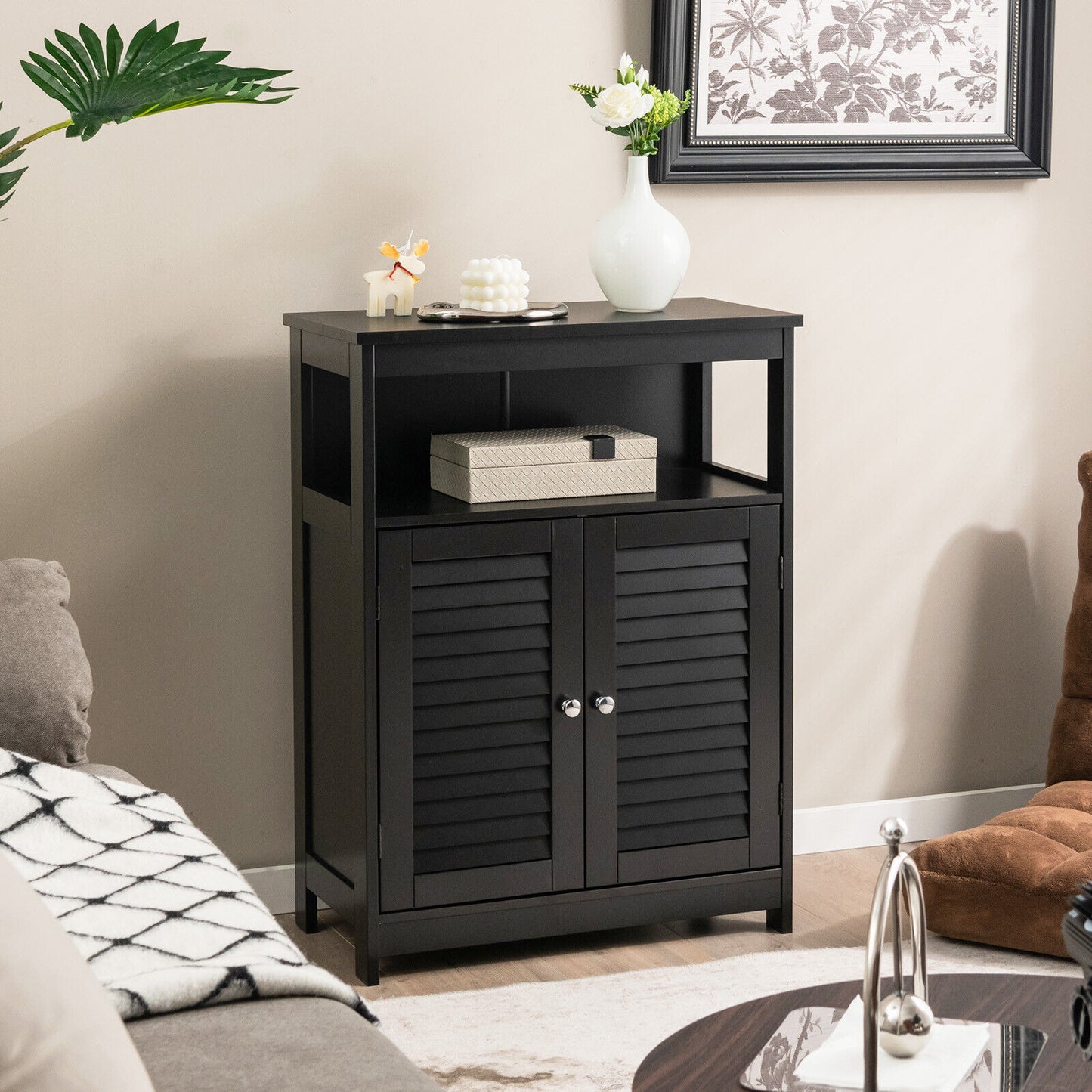 Wooden Freestanding Bathroom Cabinet with Double Shutter Doors for Storage
