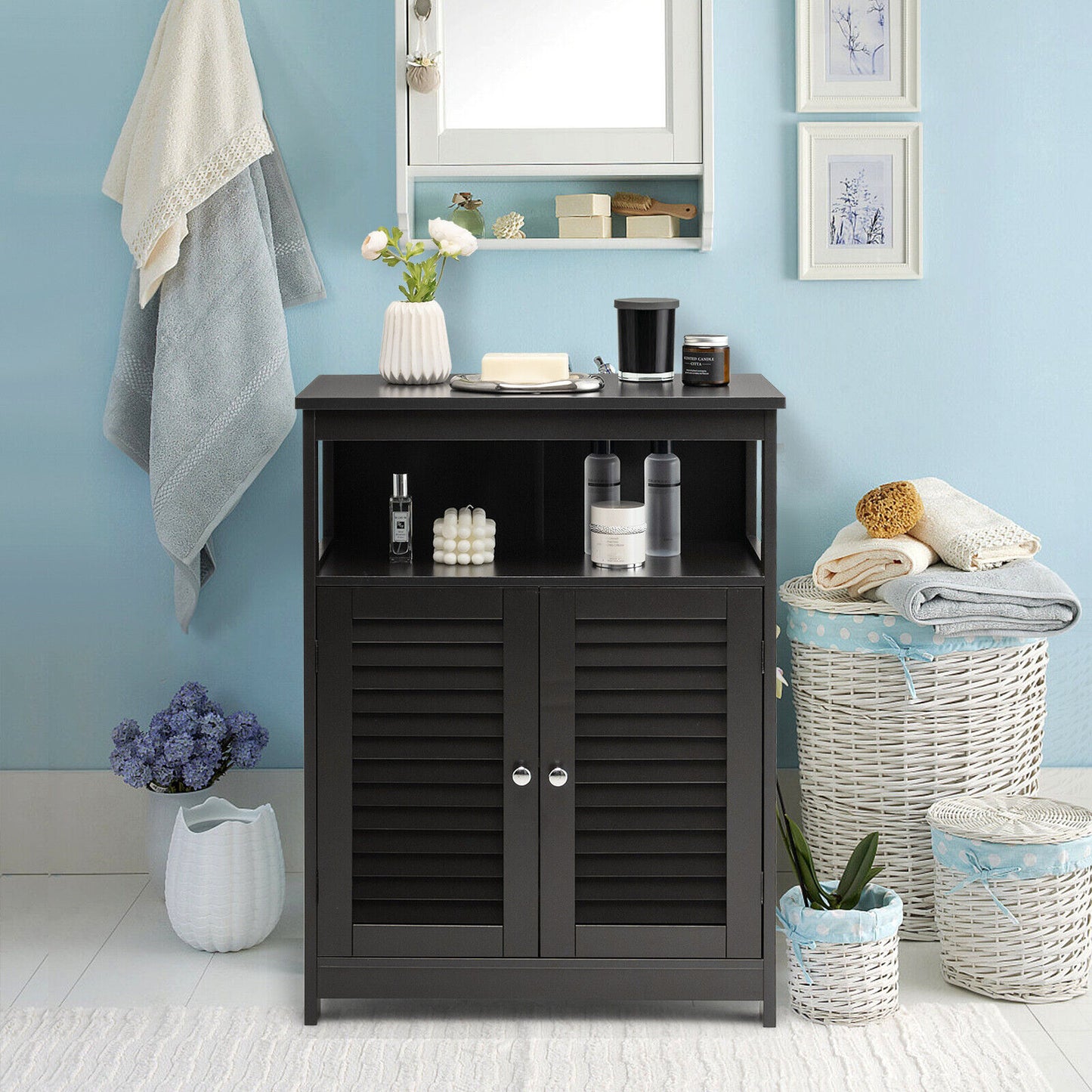 Wooden Freestanding Bathroom Cabinet with Double Shutter Doors for Storage